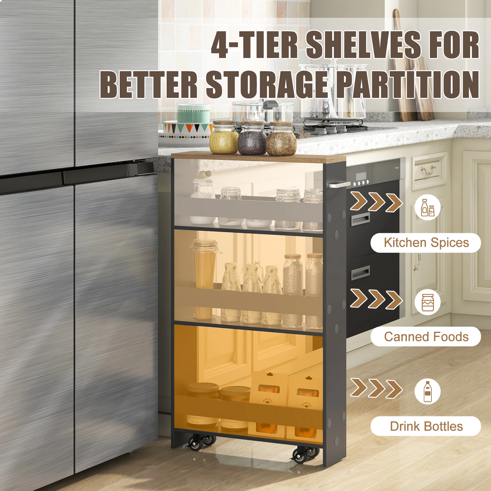 SUGIFT Slim Rolling Kitchen Storage Cart Mobile Shelving Organizer with Handle 22-lb Bottom Shelf Capacity 3-Tier Gray