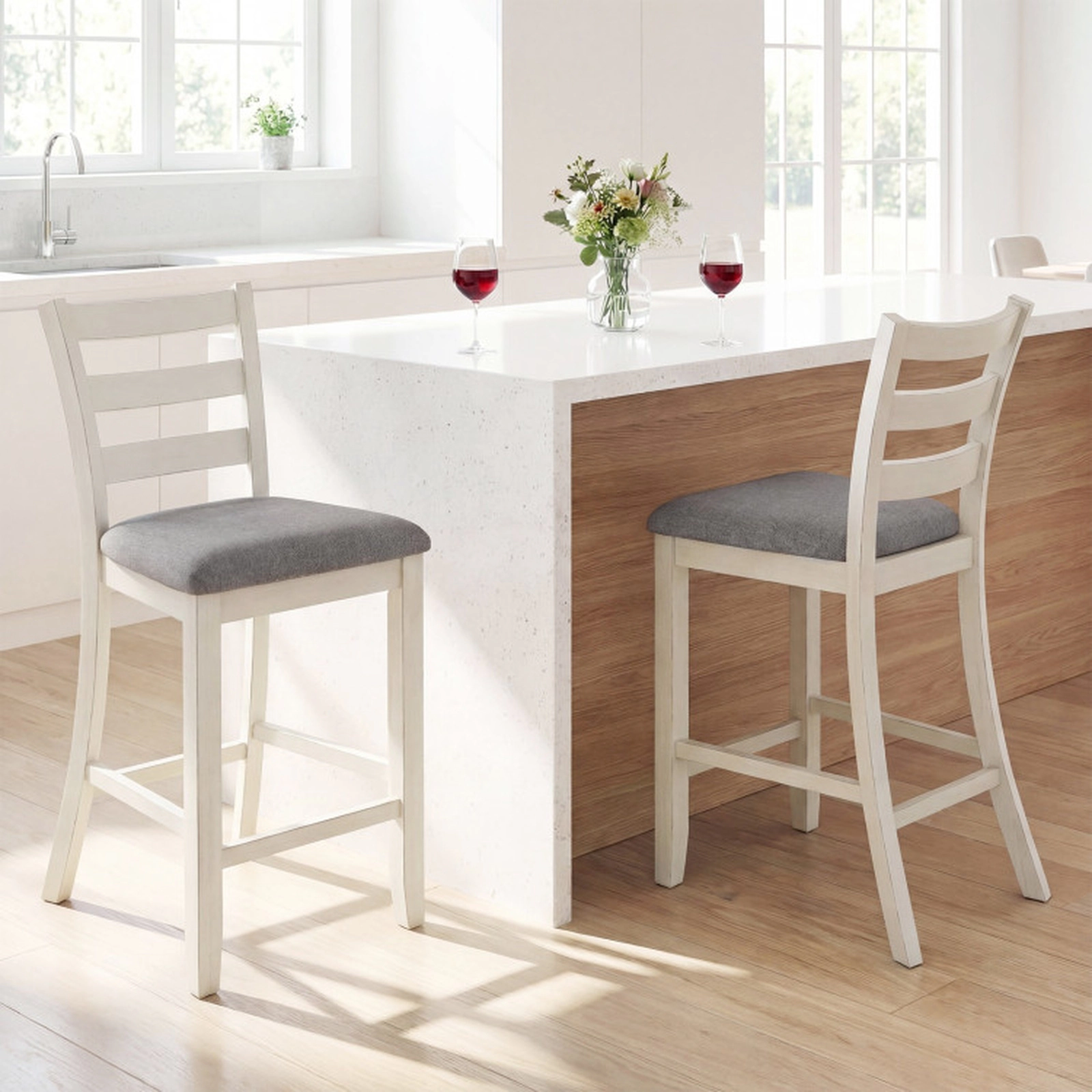 SUGIFT Beige Linen Fabric Seat and Rubber Wood Legs 4 Piece Counter Height Chair Set