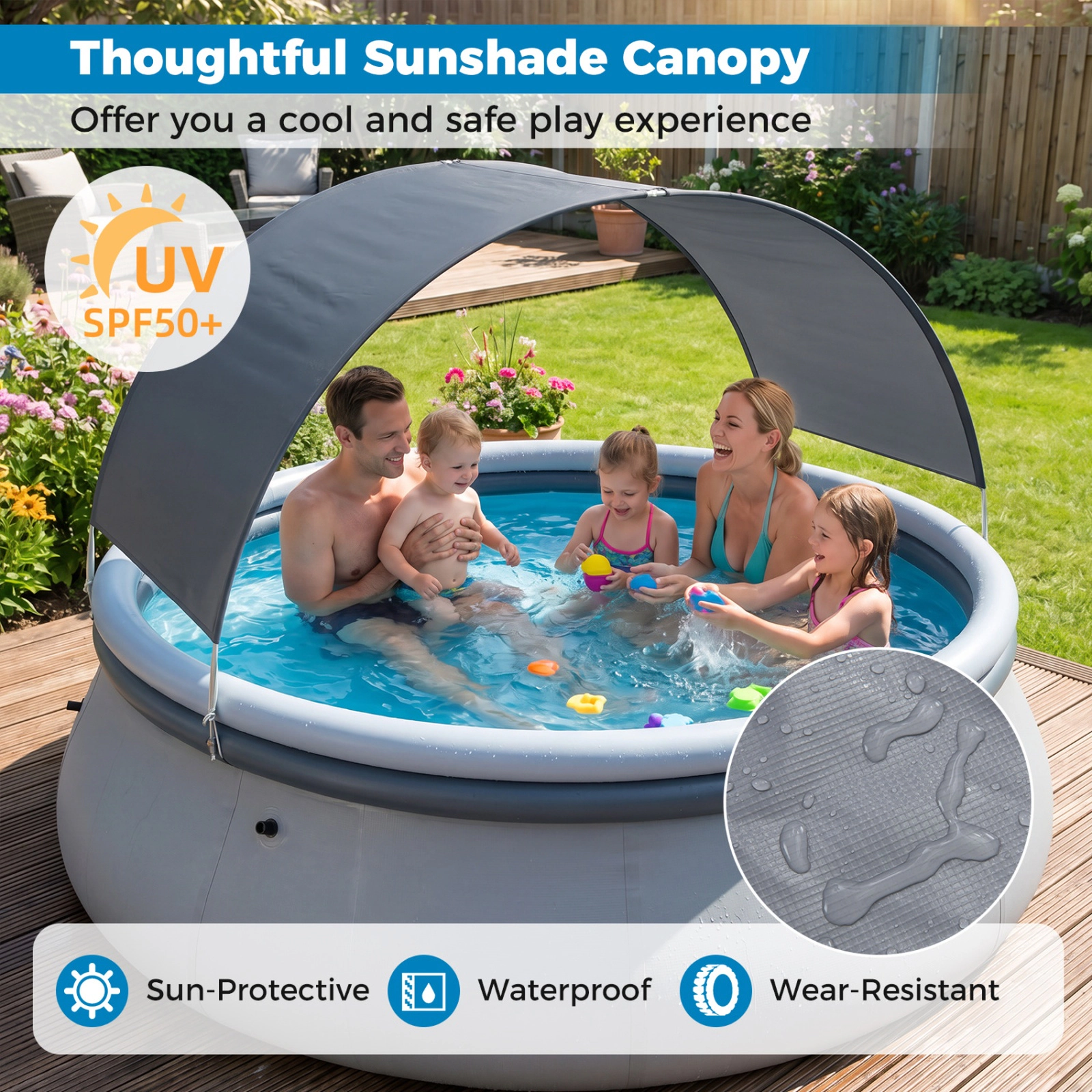 SUGIFT Outdoor Inflatable Pool with Sunshade Canopy M Size 118-in Wide 992-lb Capacity 6-Person Blue + Gray