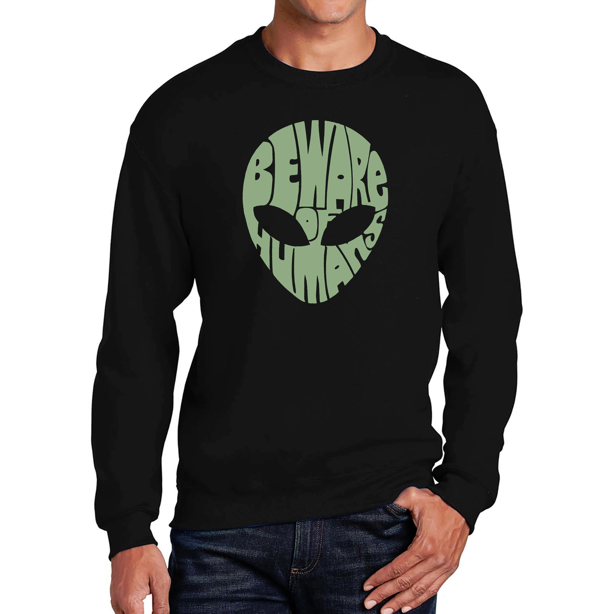 LA Pop Art Beware Of Humans - Mens Word Crew Sweatshirt