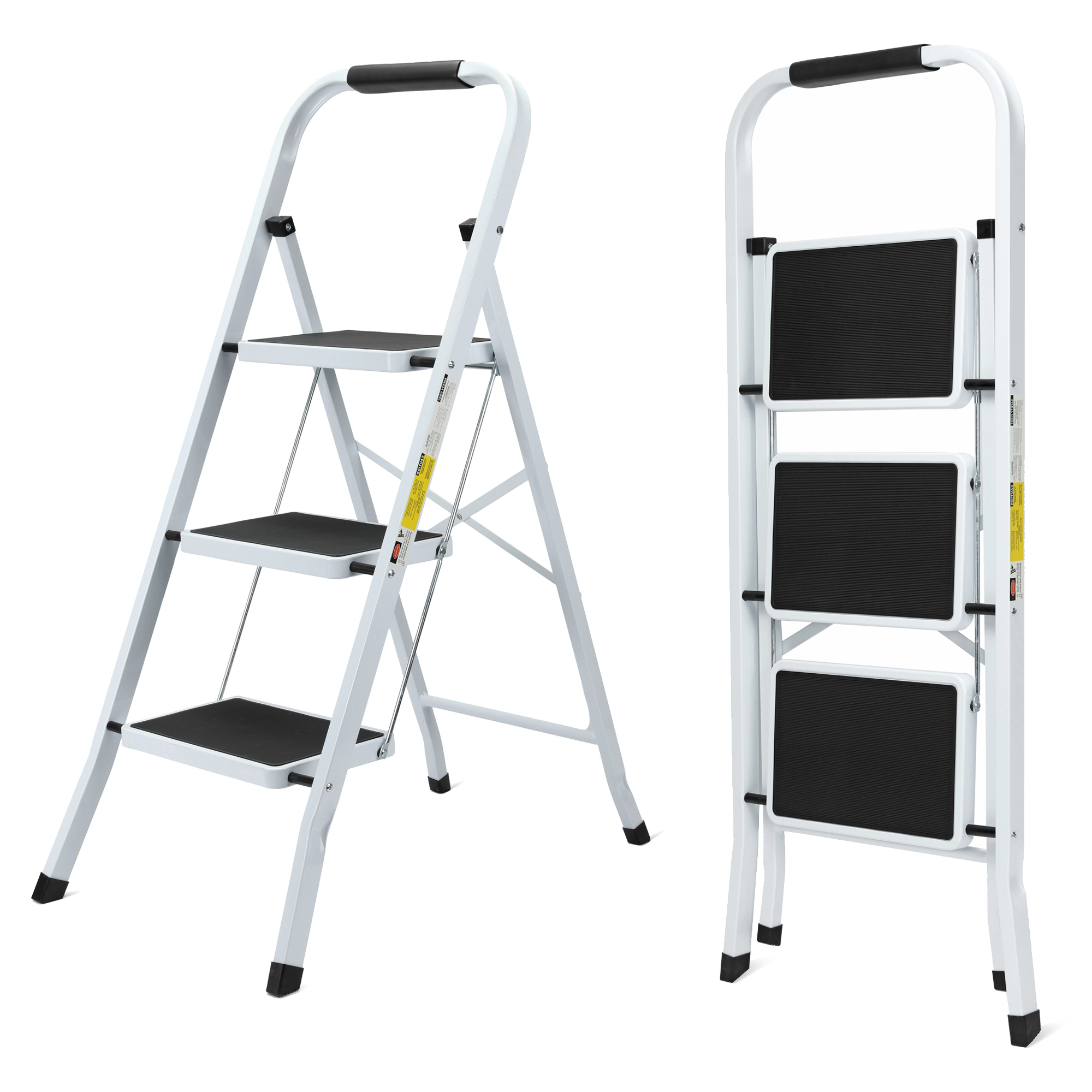 Flynama 3 Step Ladder- 330lb Capacity Steel Foldable Step Stool (White)