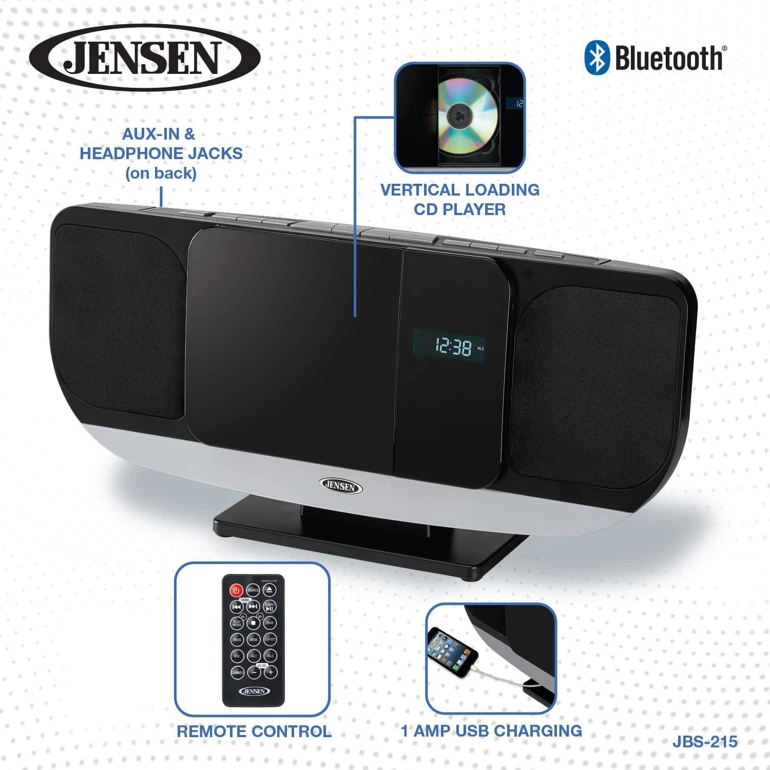 Jensen Wall-Mountable Bluetooth Music System with Vertical CD Player & FM Radio JBS-215