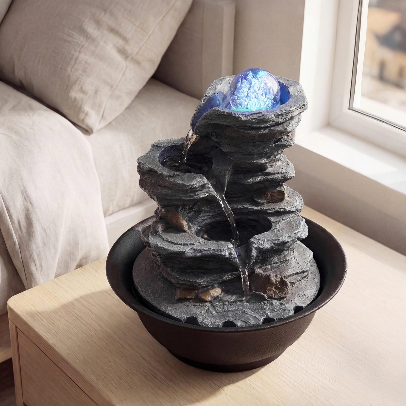SUGIFT Black Tabletop Water Fountain with Rolling Crystal Ball and Color-Changing LED Light 8.5-in Dia 10.5-in H