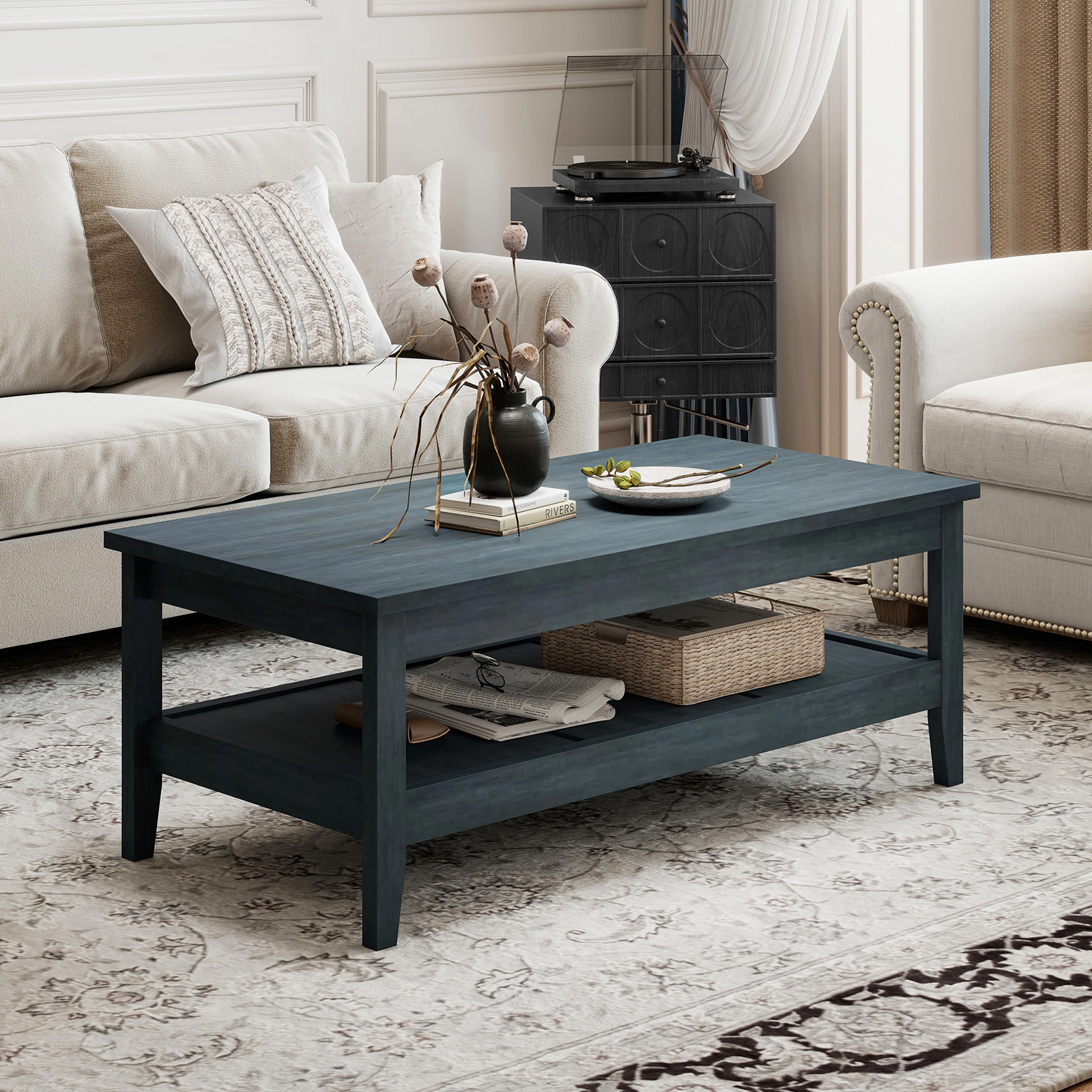 LJG Farmhouse Coffee Table Rustic Cocktail Center with Thickened Tabletop