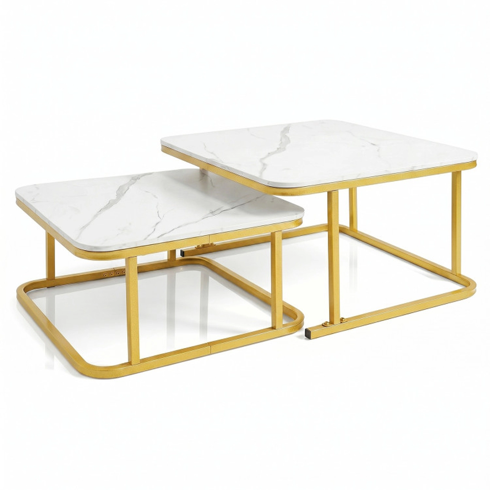 SUGIFT Nesting Stacking Coffee Table Set of 2 with Faux Marble Top and Metal Frame 66-lb Capacity White & Gold/Black