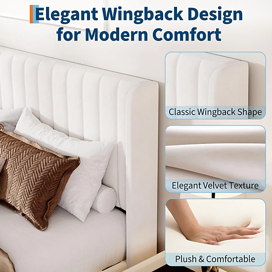 BebreezChic Bed Frame with Velvet Wingback Headboard, Vertical Tufting, No Box Spring