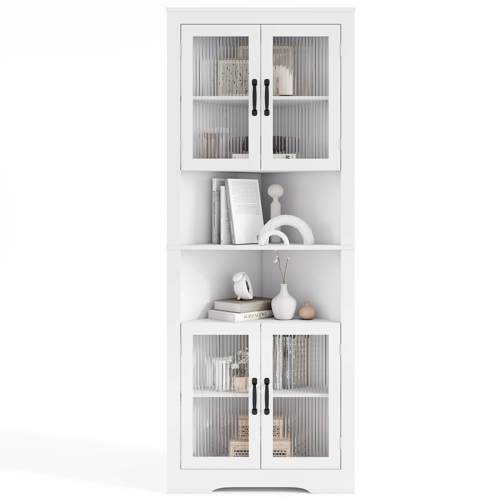 Glintex 67-Inch Corner Cabinet with Tempered Glass Doors and 2 Open Shelves, White
