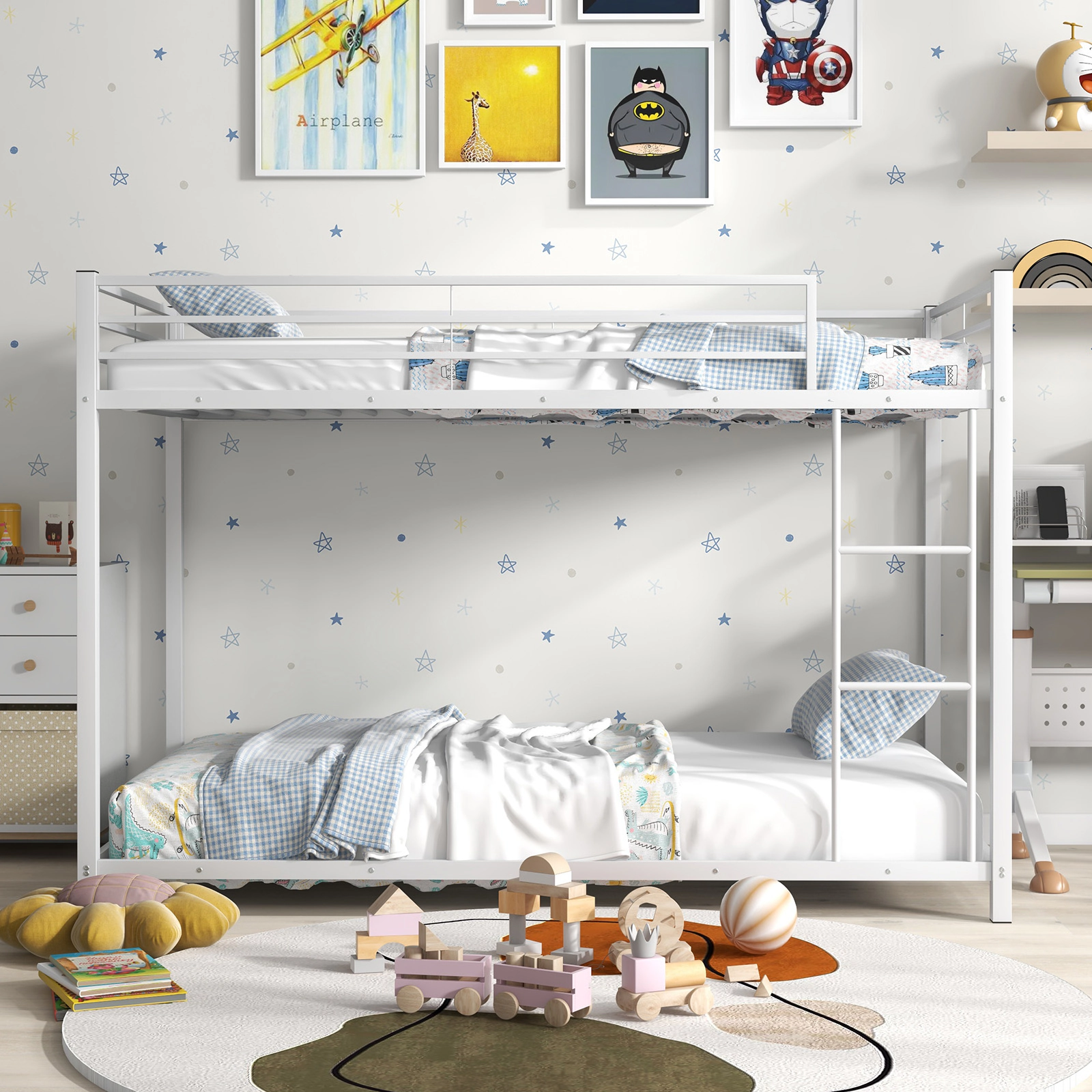 SUGIFT Twin-Over-Twin Low-Profile Metal Bunk Bed, White