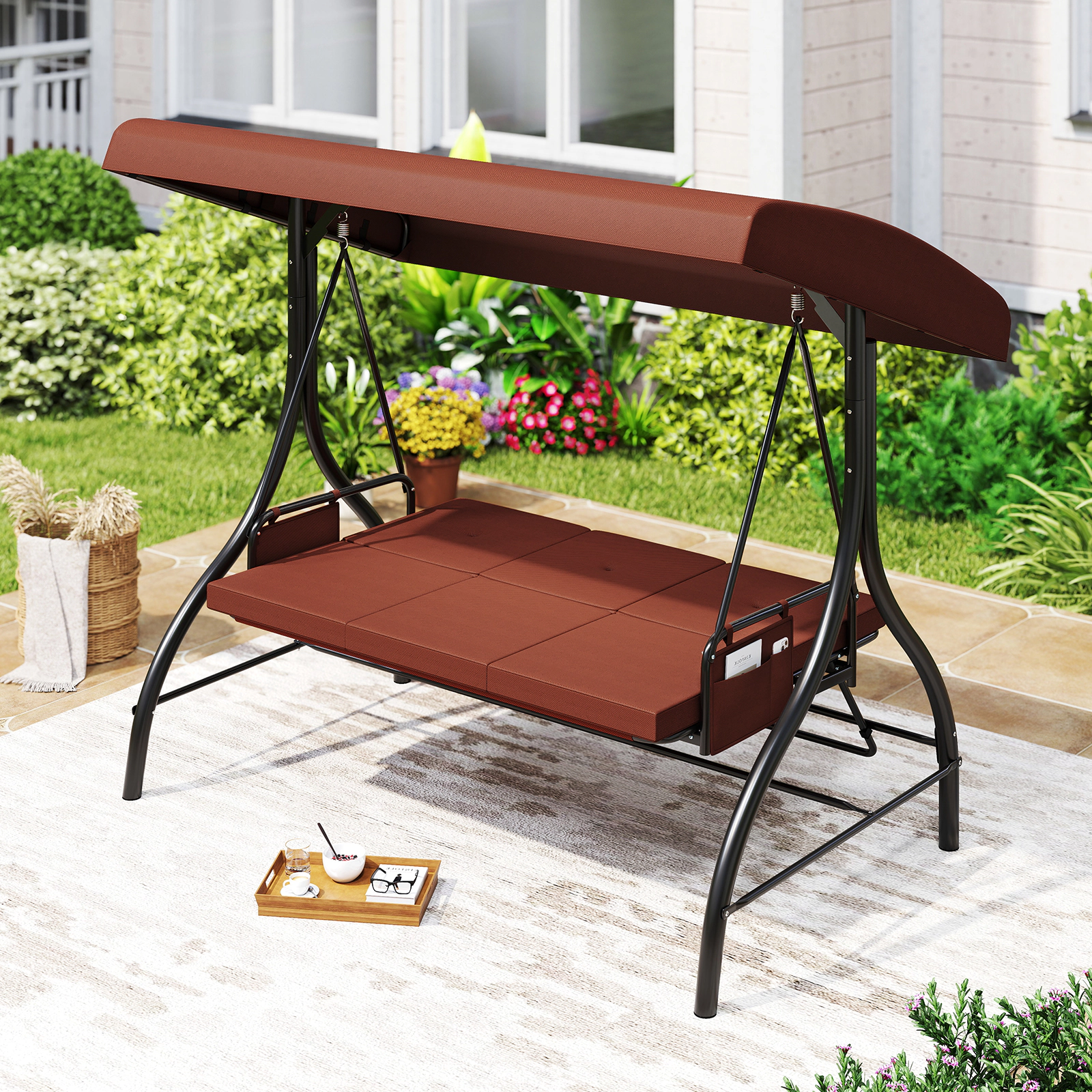 LJG 3-Piece Patio Swing with Canopy Removable Cushions and Side Pockets