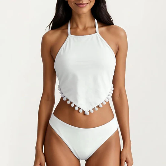 Anna-Kaci Women's 2-Piece Halter Bikini Set with High Neck Handkerchief Top Pom Trim Detail Tie Back Bottom