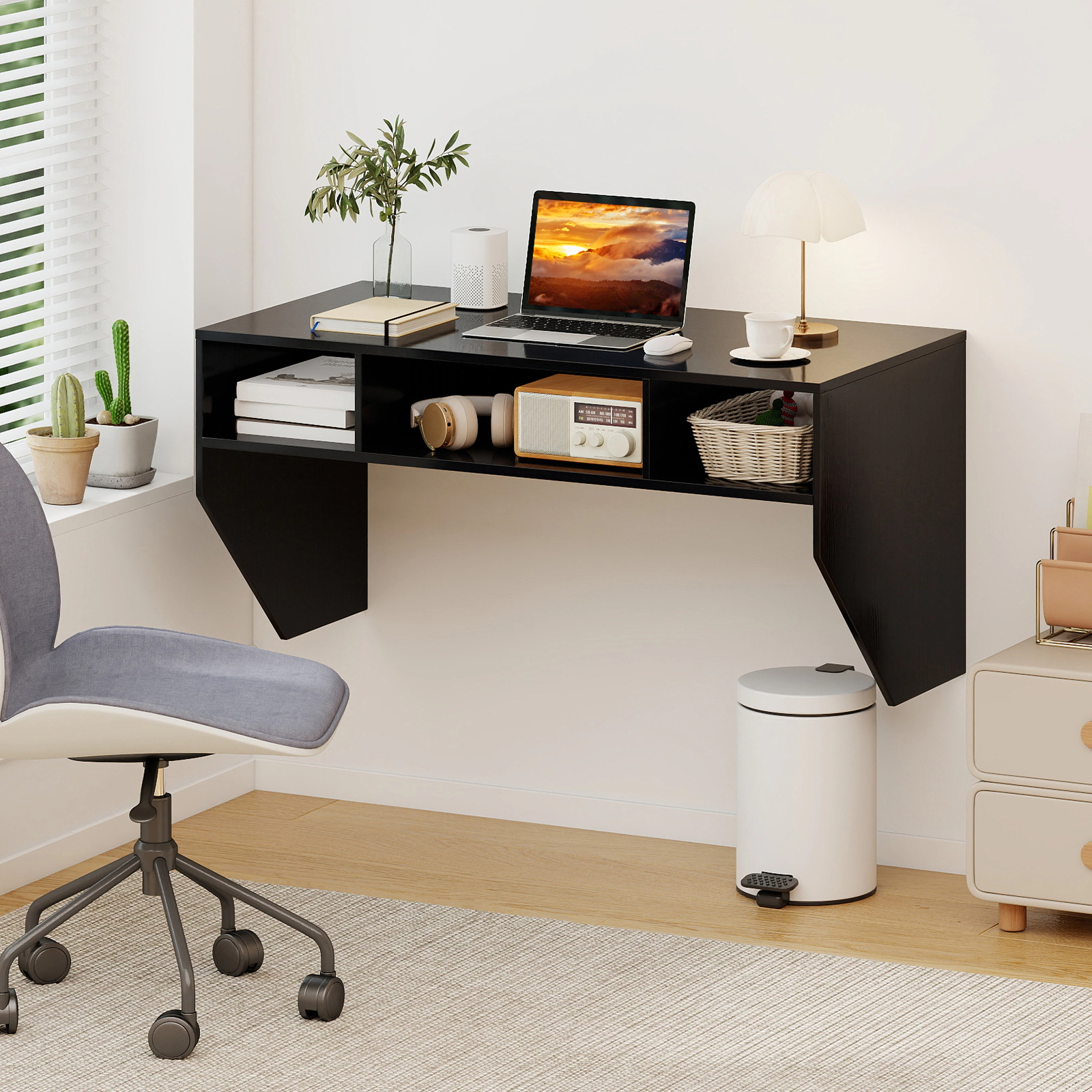 SUGIFT Wall-Mounted Floating Computer Desk with 3 Storage Compartments 45-Lb Tabletop Capacity 35-Lb Cube Capacity Black