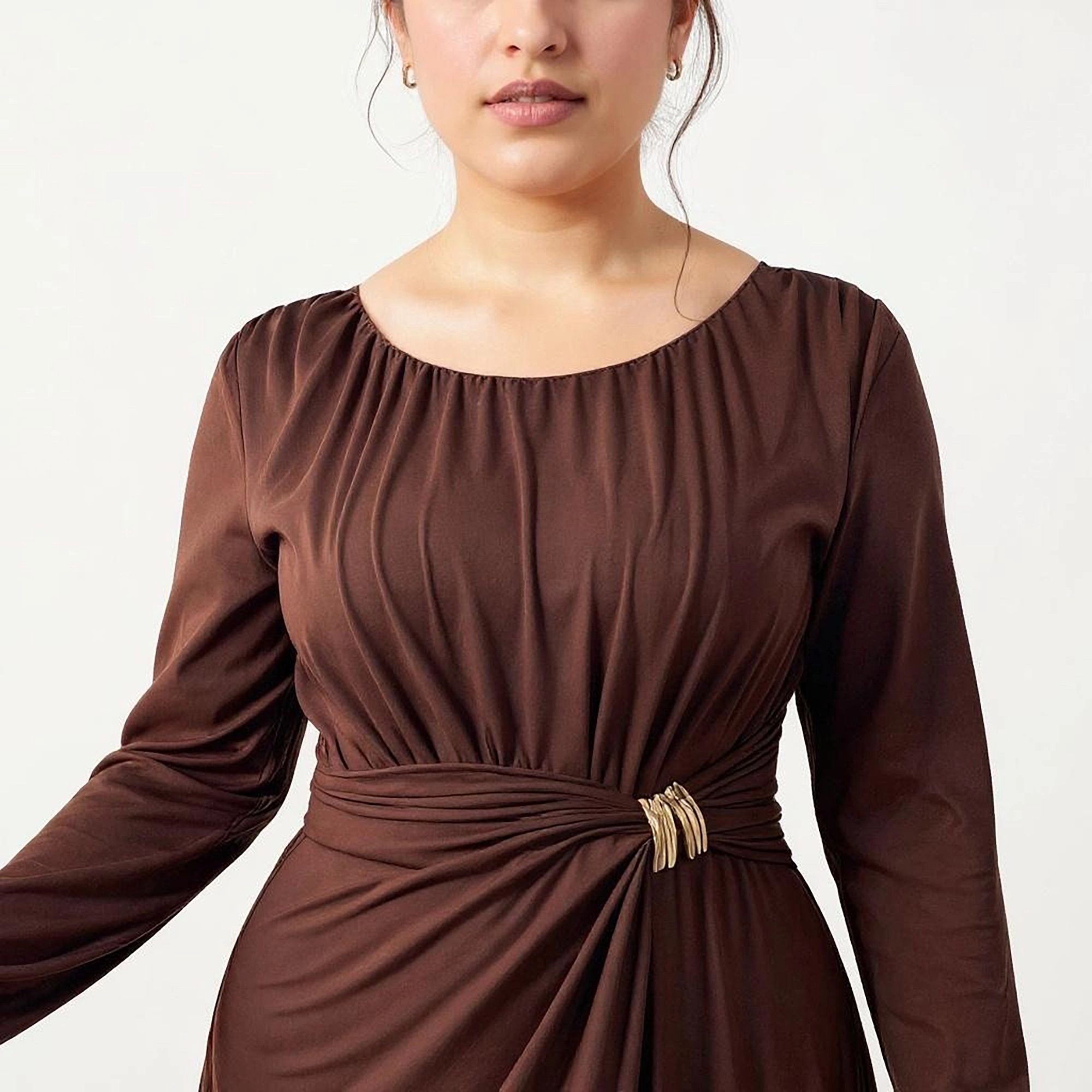 Anna-Kaci Women's Plus Long Sleeve Draped Gathered Waist Elegant Silhouette Maxi Dress