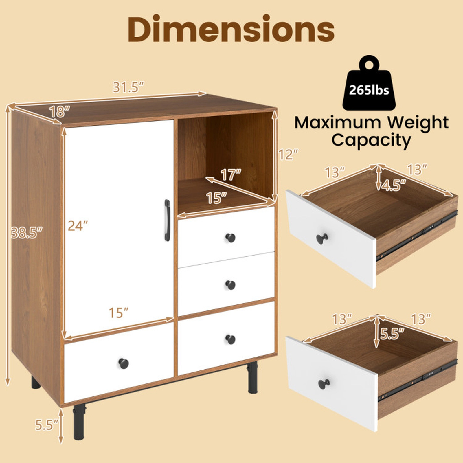 SUGIFT Mid Century Modern Buffet Sideboard Storage Cabinet with 4 Drawers and Open Compartment 265-lb Capacity Natural