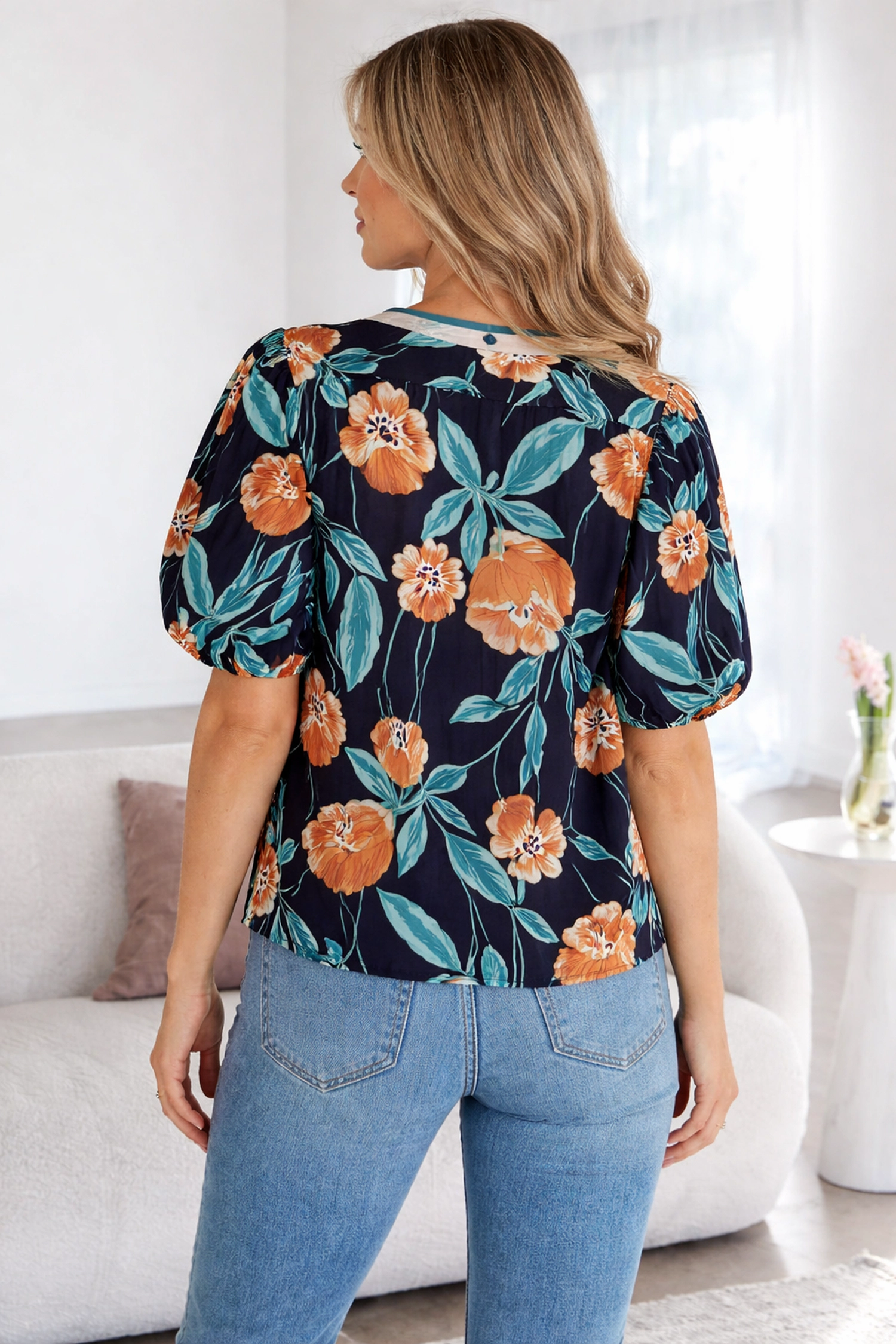 Threaded Pear Women's Ila Bubble Sleeve Notched Blouse