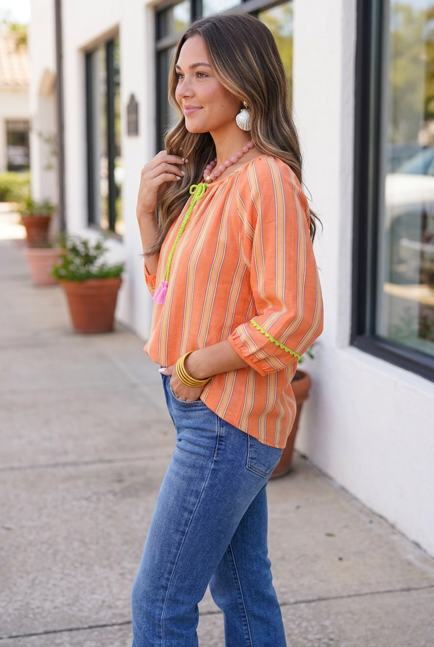 Threaded Pear Tamara Cotton Blouse - Tie Neck with Tassels, Orange Stripe