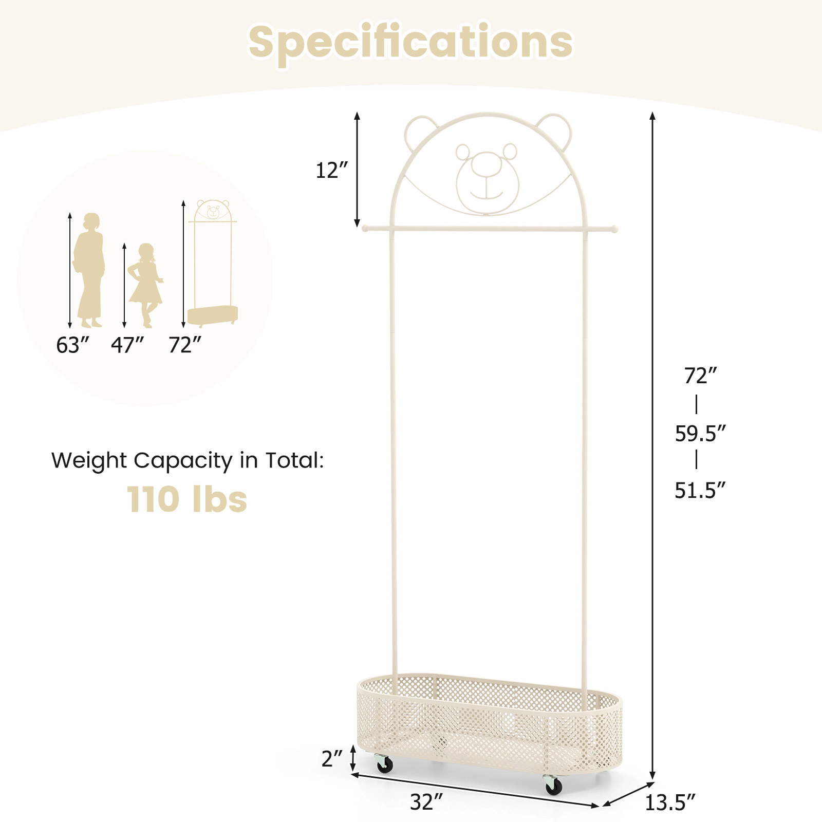 Hivvago Rolling Clothing Rack for Kids with Adjustable Height