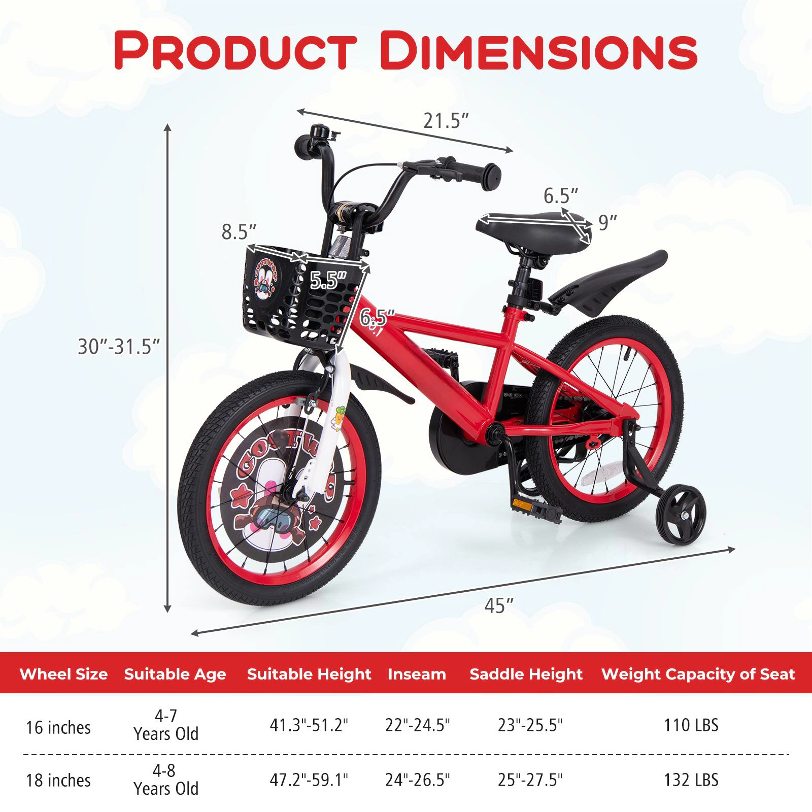 SUGIFT Red Training Wheels Storage Basket Double Brake and Fenders Kids 16 Inch Bike