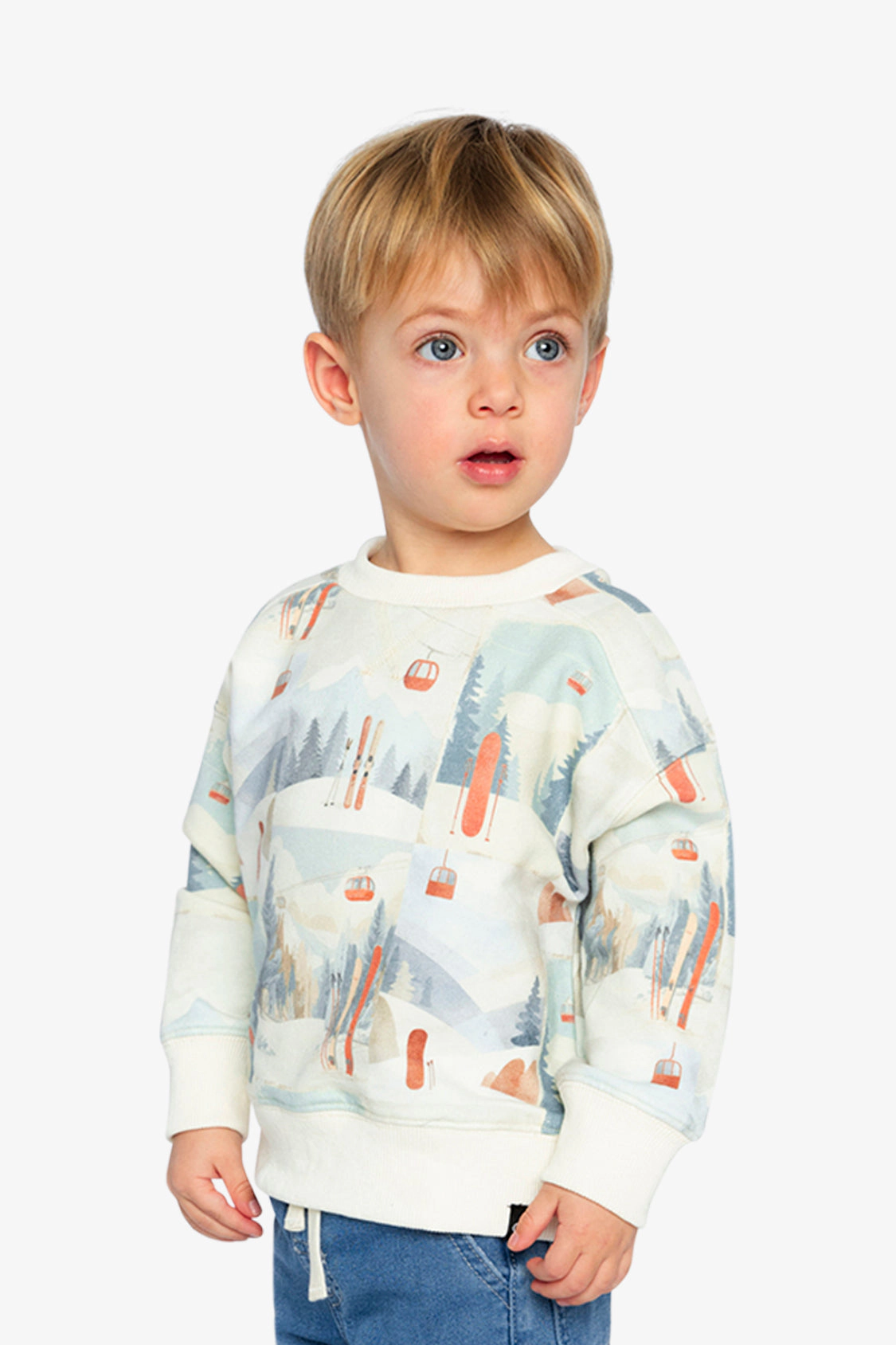 Deux par Boys Fleece Ribbed Crewneck Ski Print Sweatshirt