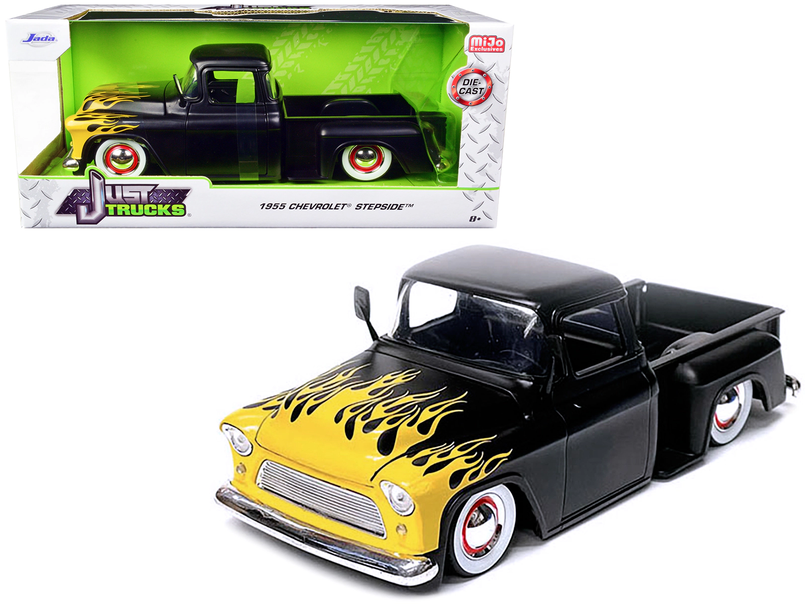 Jada 1955 Chevrolet Stepside Pickup Truck Matt Black with Yellow Flames "Just Trucks" Series 1/24 Diecast