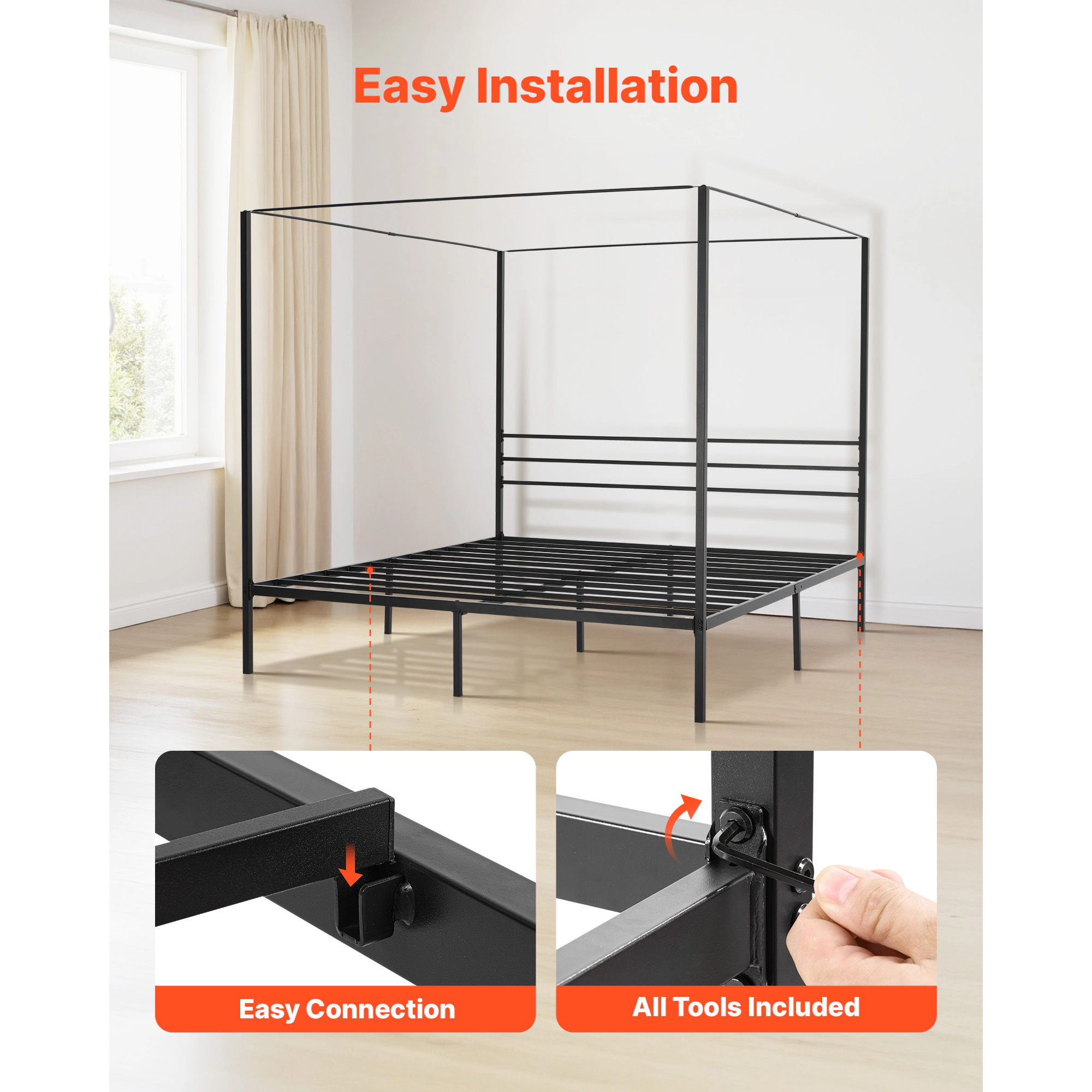 HONGGE Canopy Bed Frame Metal Canopy Bed with Four Posters Design Heavy Duty Steel Slats Support Underbed Storage Space