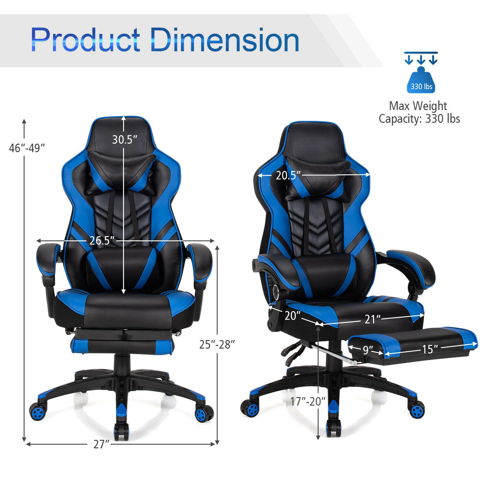 SUGIFT Adjustable Reclining Gaming Chair Footrest 330-Lb Capacity 27 x 27-in Frame 46-49-in High Seat 42-Lb Net Weight