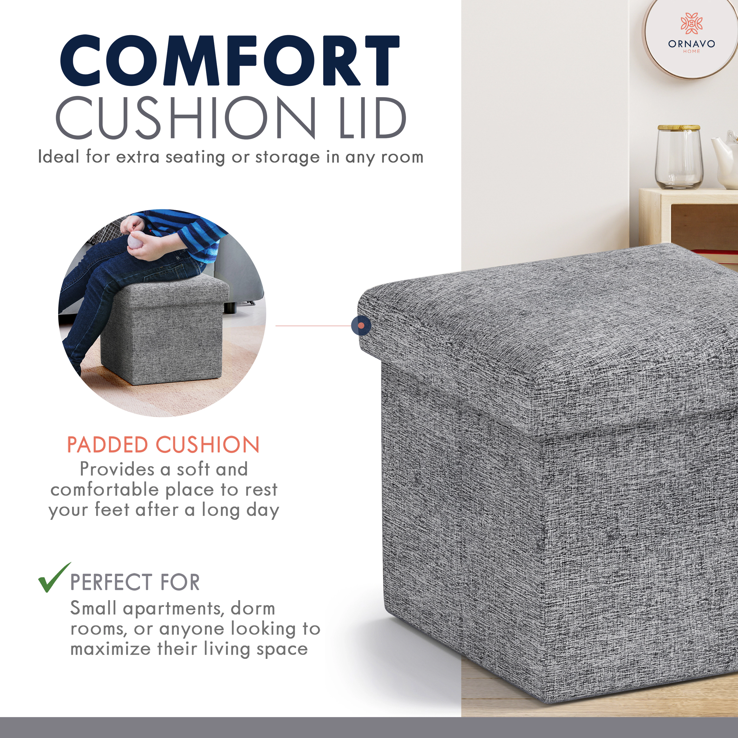 Ornavo Home Collapsible Small 12" Inch Square Storage Ottoman