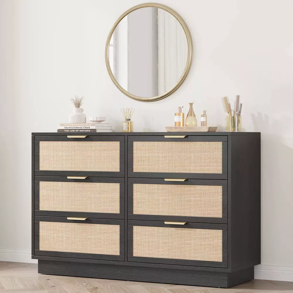 Rattan 6 Drawer Dresser with Metal Handles, 47" Wide Double Storage Chest for Bedroom Home Office