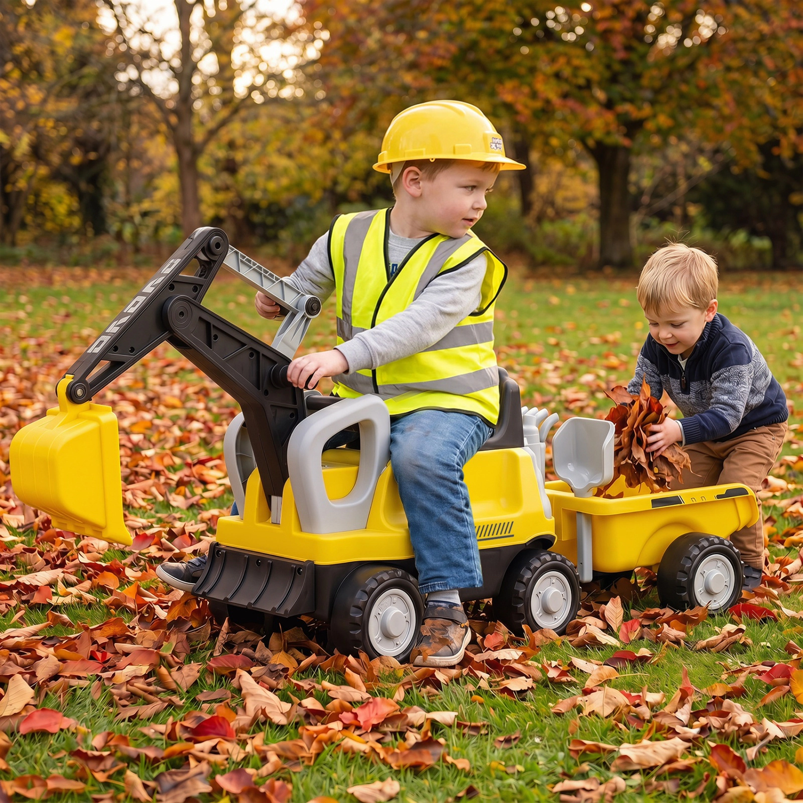 SUGIFT 2-in-1 Kids Ride-On Tractor and Car with Digging Arm and Detachable Trailer 55-lb Capacity Ages 3+ Green/Yellow