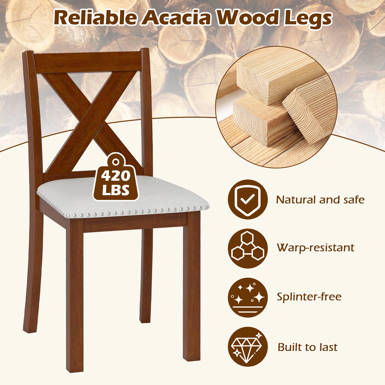 SUGIFT Wooden Dining Chair Set of 2 with Padded Seat and Curved X-Back 420-Lb Capacity Beige Brown