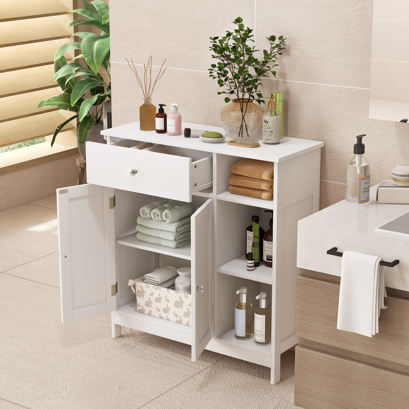 Slickblue White Storage Cabinet with Drawer, Adjustable Shelf and Open Shelves