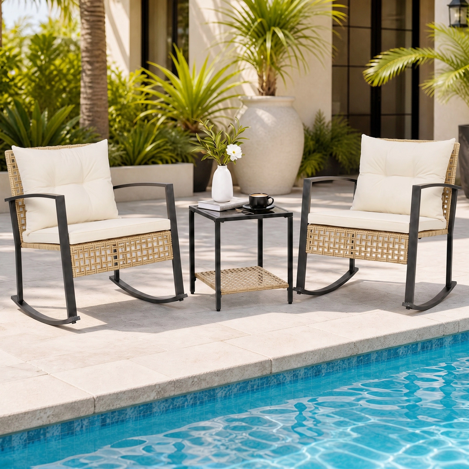 SUGIFT 3-Piece Mixed Yellow Wicker Rocking Patio Set with 2 Chairs and 2-Tier Glass Table