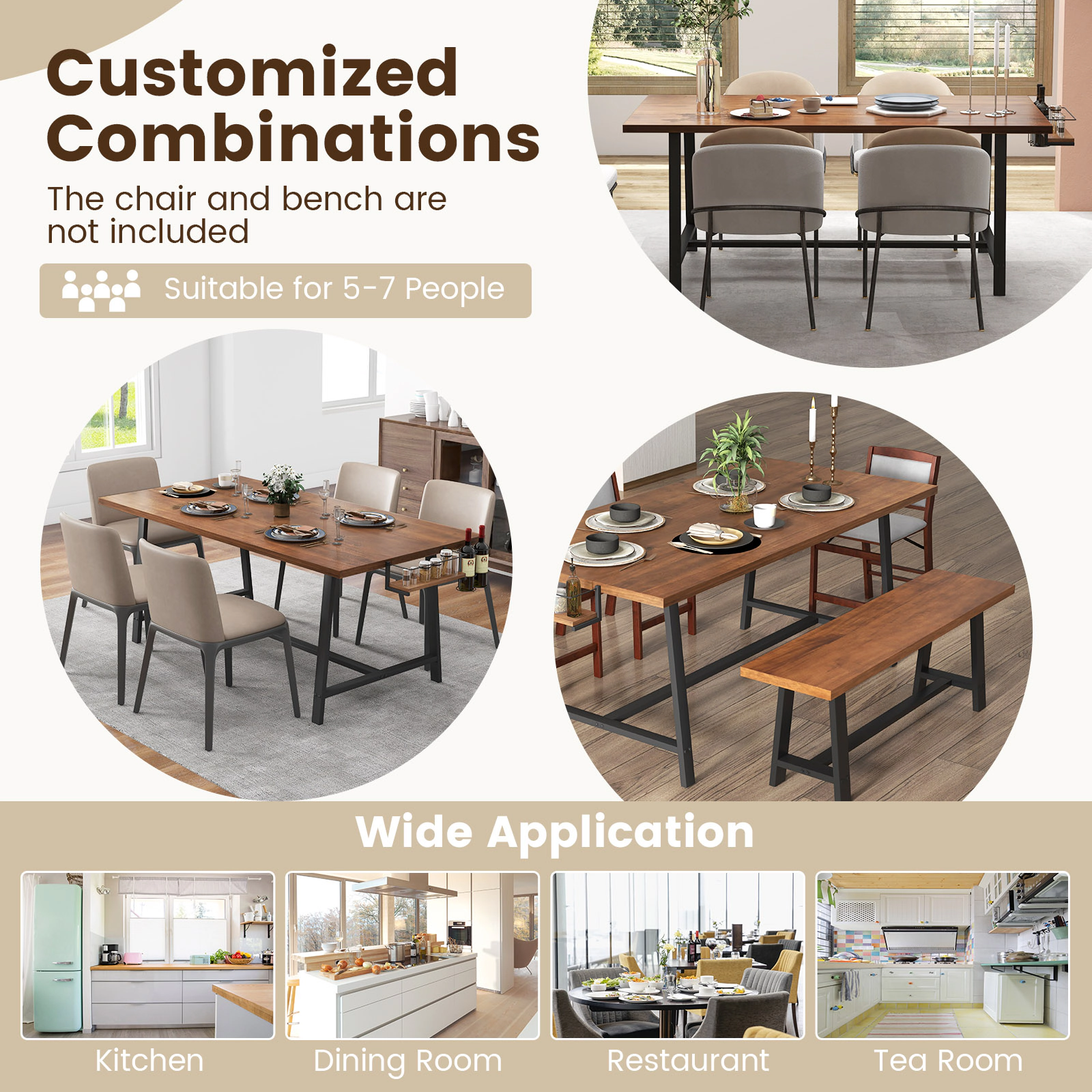 SUGIFT 72-in Rectangular Dining Table with 2-Bottle Wine Rack and Condiment Holder 330-lb Capacity Walnut & Black