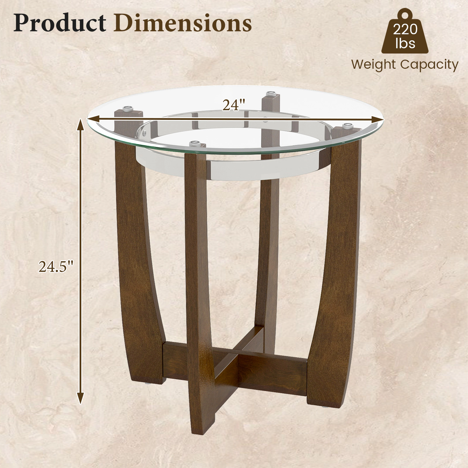 SUGIFT Round Tempered Glass Side Table 220-lb Capacity Transparent & Walnut