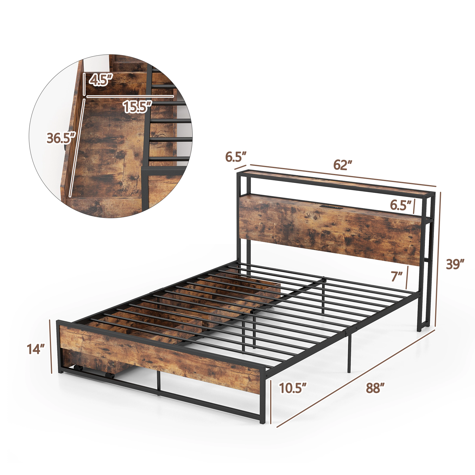 LJG Full/Queen Bed Frame with 2-Tier Storage Headboard and Charging Station