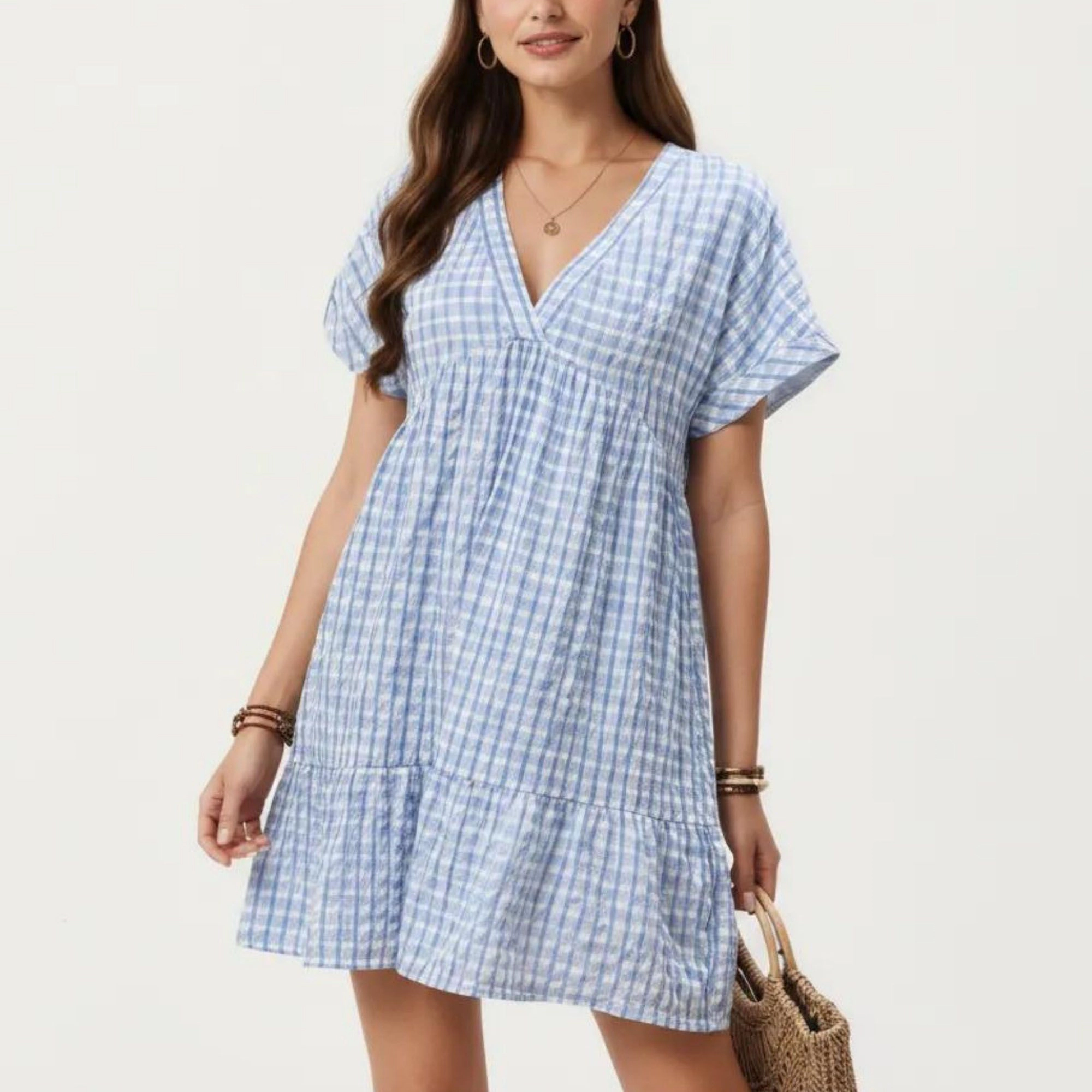 Anna-Kaci Women's Short Sleeve V Neck Plaid Tiered Hem Loose Fit Mini Dress