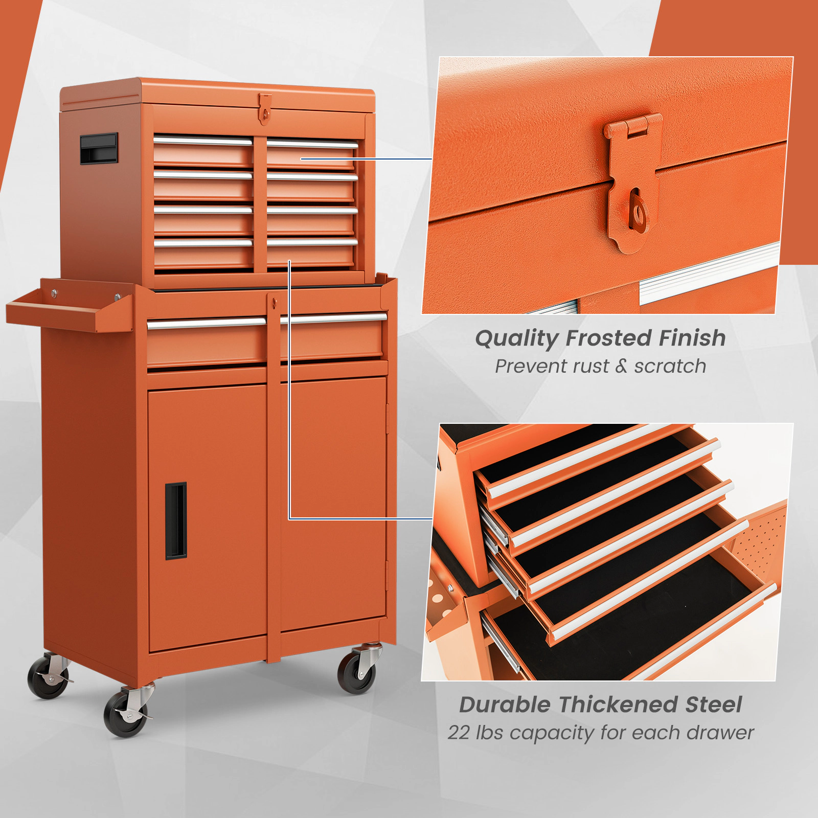 SUGIFT 2-in-1 Steel Tool Chest and Cabinet with 5 Sliding Lockable Drawers 220.5-lb Capacity 23 x 11 x 40.5 in Orange