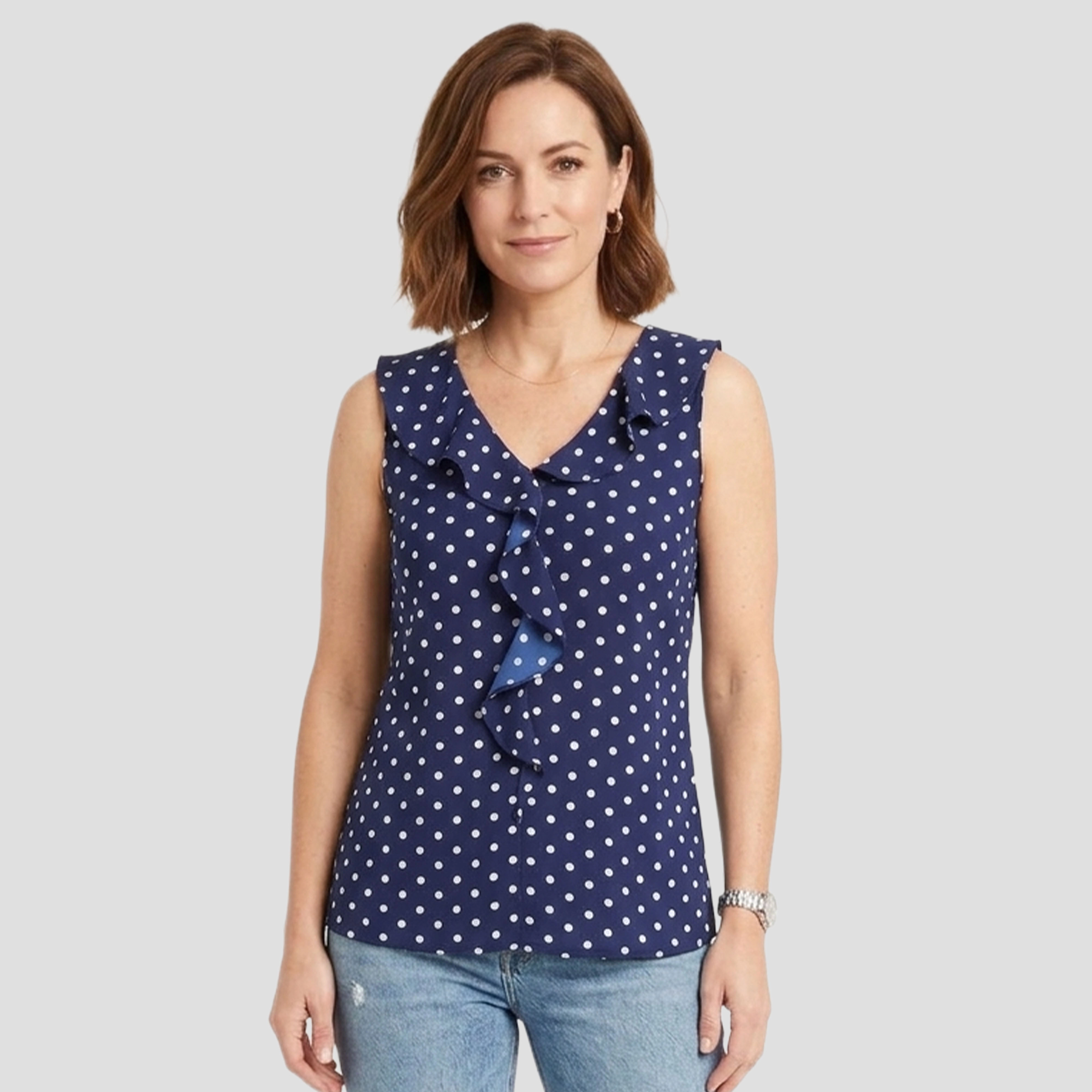 Artyska Women’s Sleeveless Polka Dot Ruffle Front Blouse