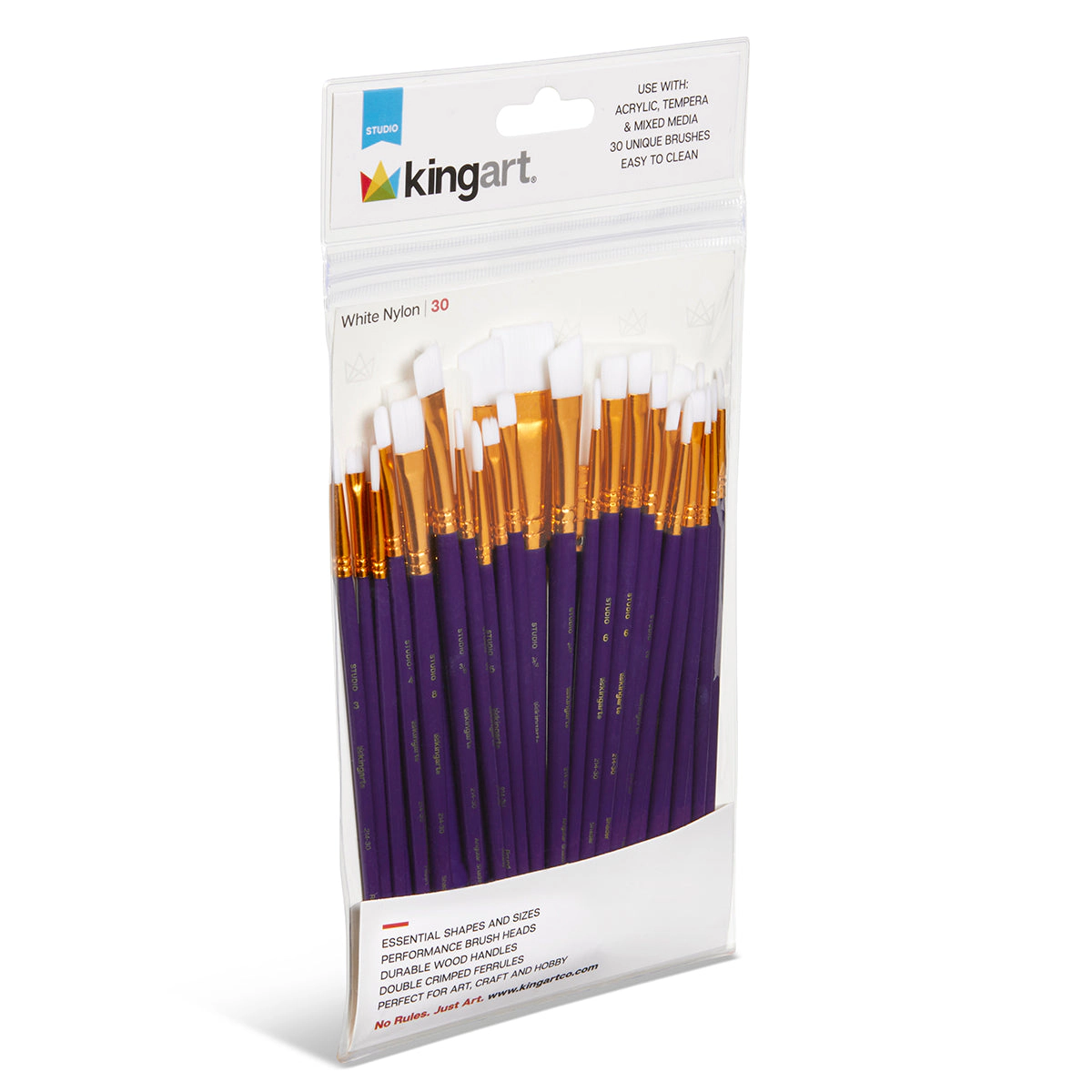 KINGART Studio White Nylon Brush Set - 30 pc Acrylic & Watercolor