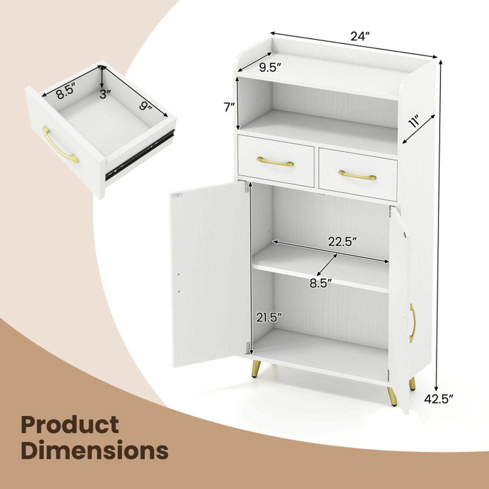 SUGIFT White 44-lb Countertop Freestanding Bathroom Floor Storage Cabinet with 2 Drawers 2 Doors and Adjustable Shelf