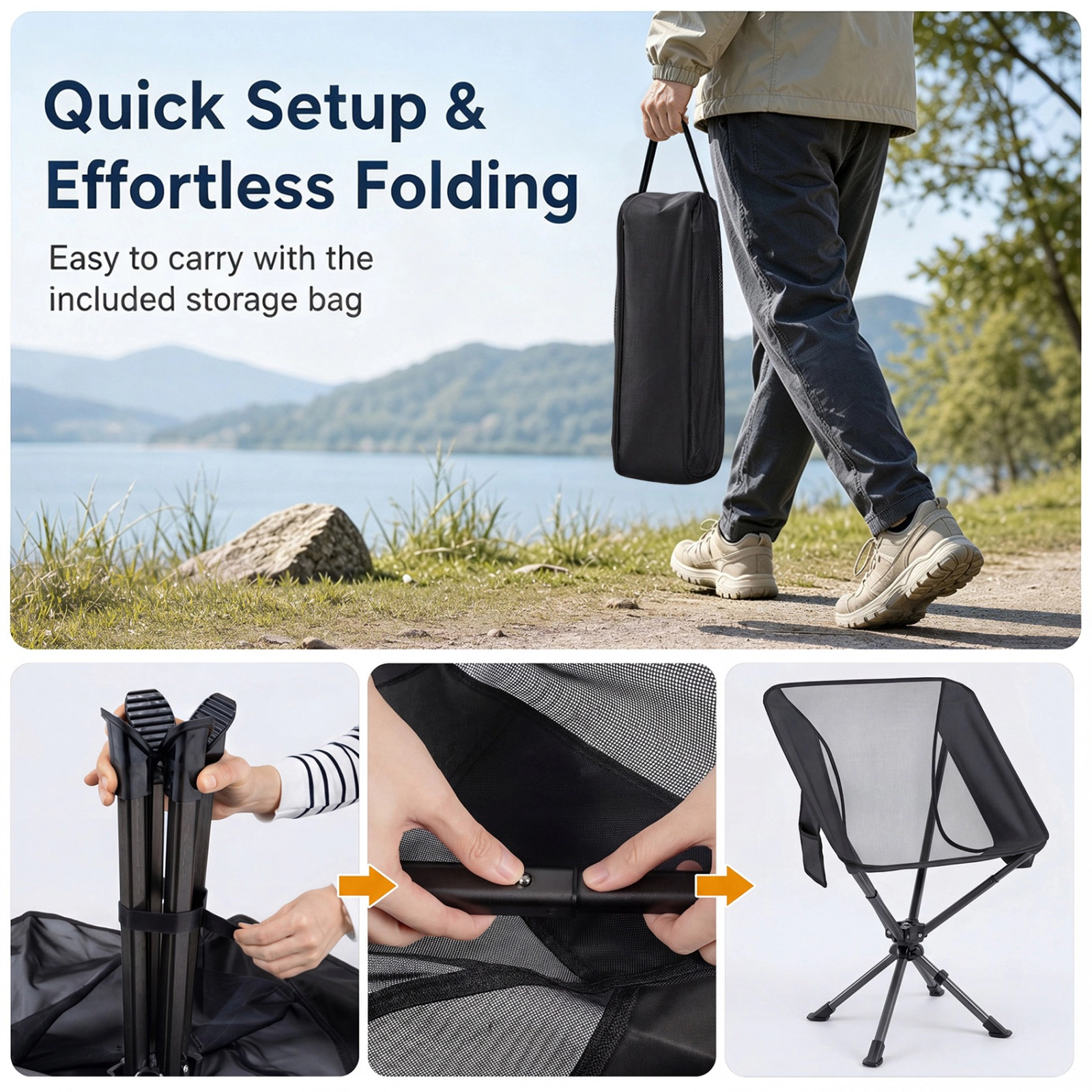 SUGIFT Black 360-Degree Swivel Folding Camping Chair with Aluminum Frame 25-in W 25.5-in D 330-lb Seat Capacity