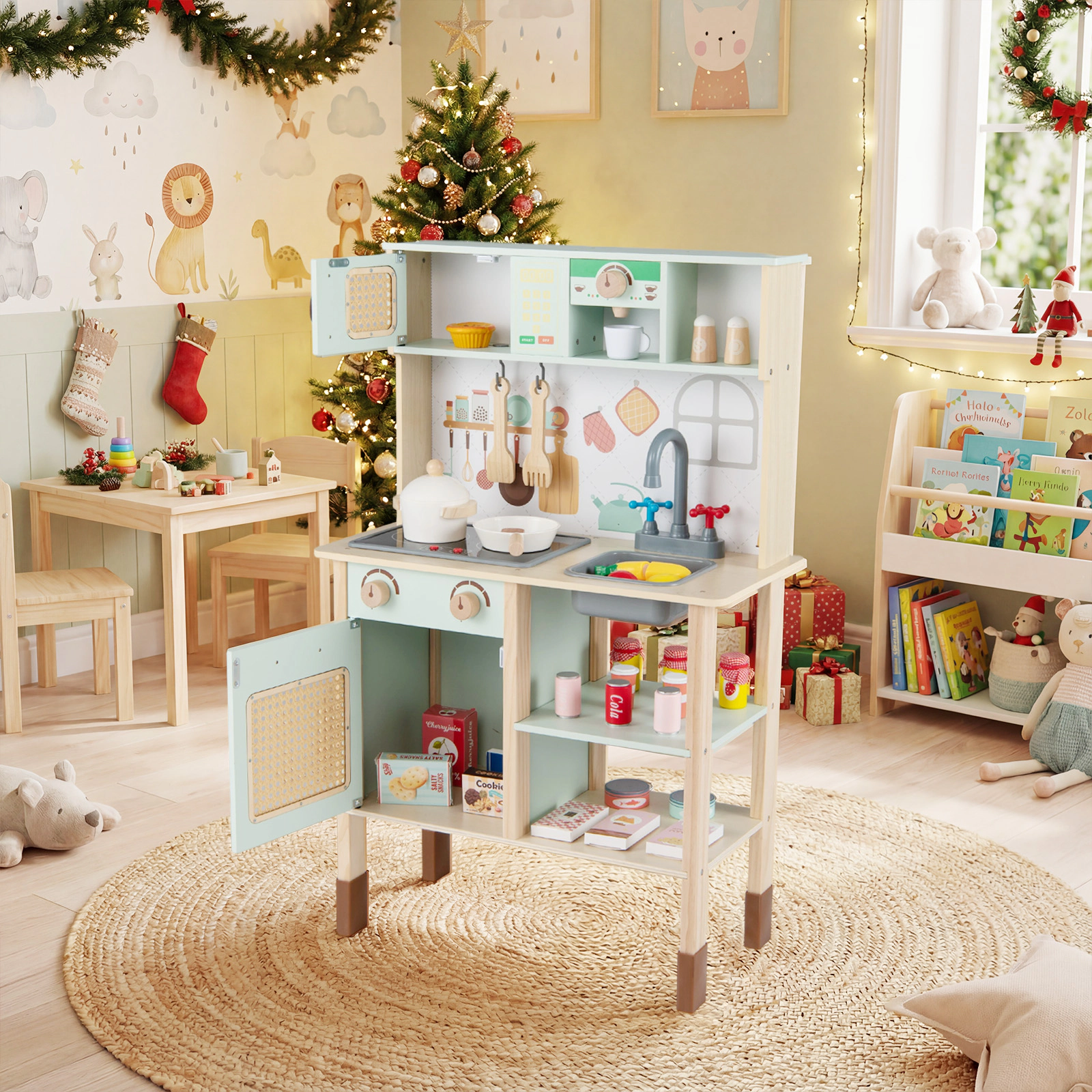 LJG Wooden Play Kitchen for Kids with Lights and Sounds Retro Style with Accessories