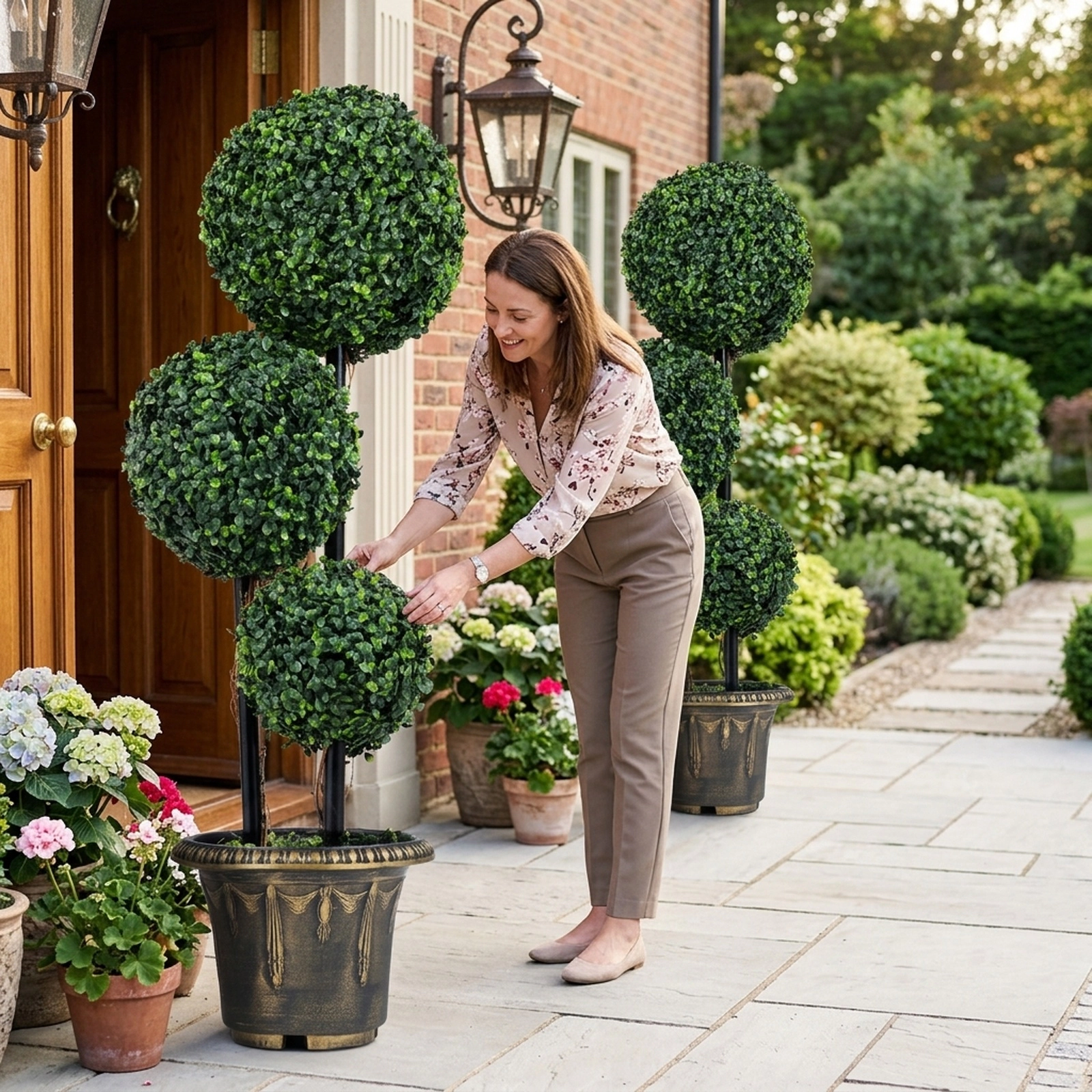 SUGIFT Layered Triple-Ball Artificial Boxwood Topiary Trees Set of 2 29-in Height Green Black Golden