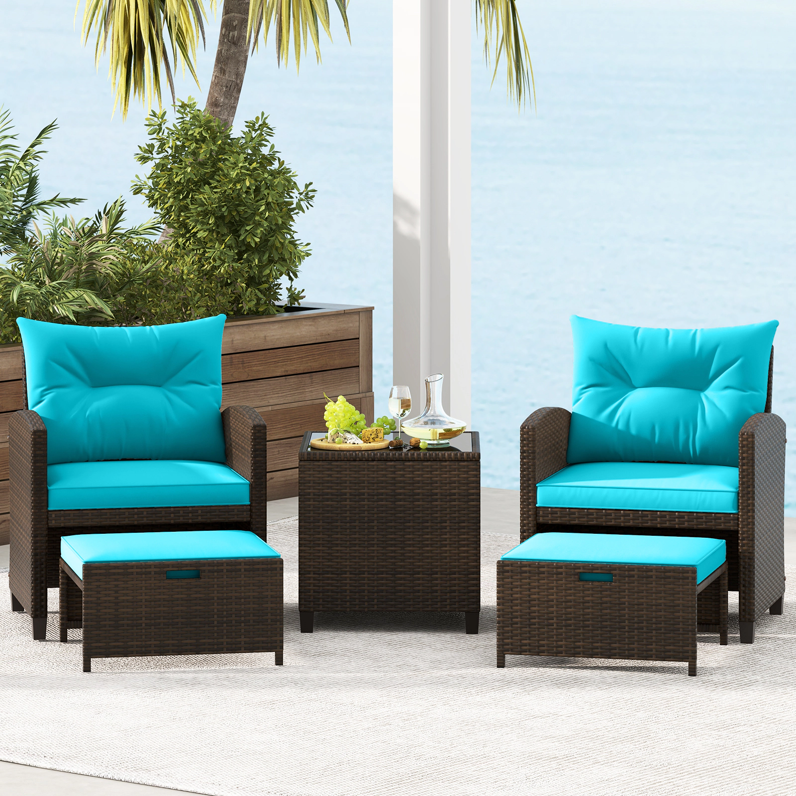 LJG 5 Pieces Patio Rattan Furniture with 2 Ottomans and Tempered Glass Coffee Table