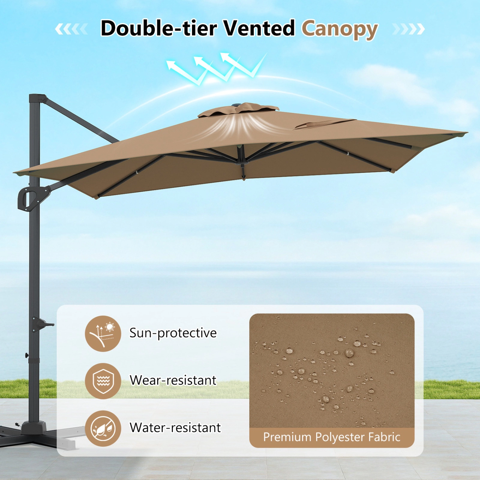 SUGIFT 11 x 9-ft Cantilever Patio Umbrella with 360° Rotation and Easy Tilt Adjustment Brown