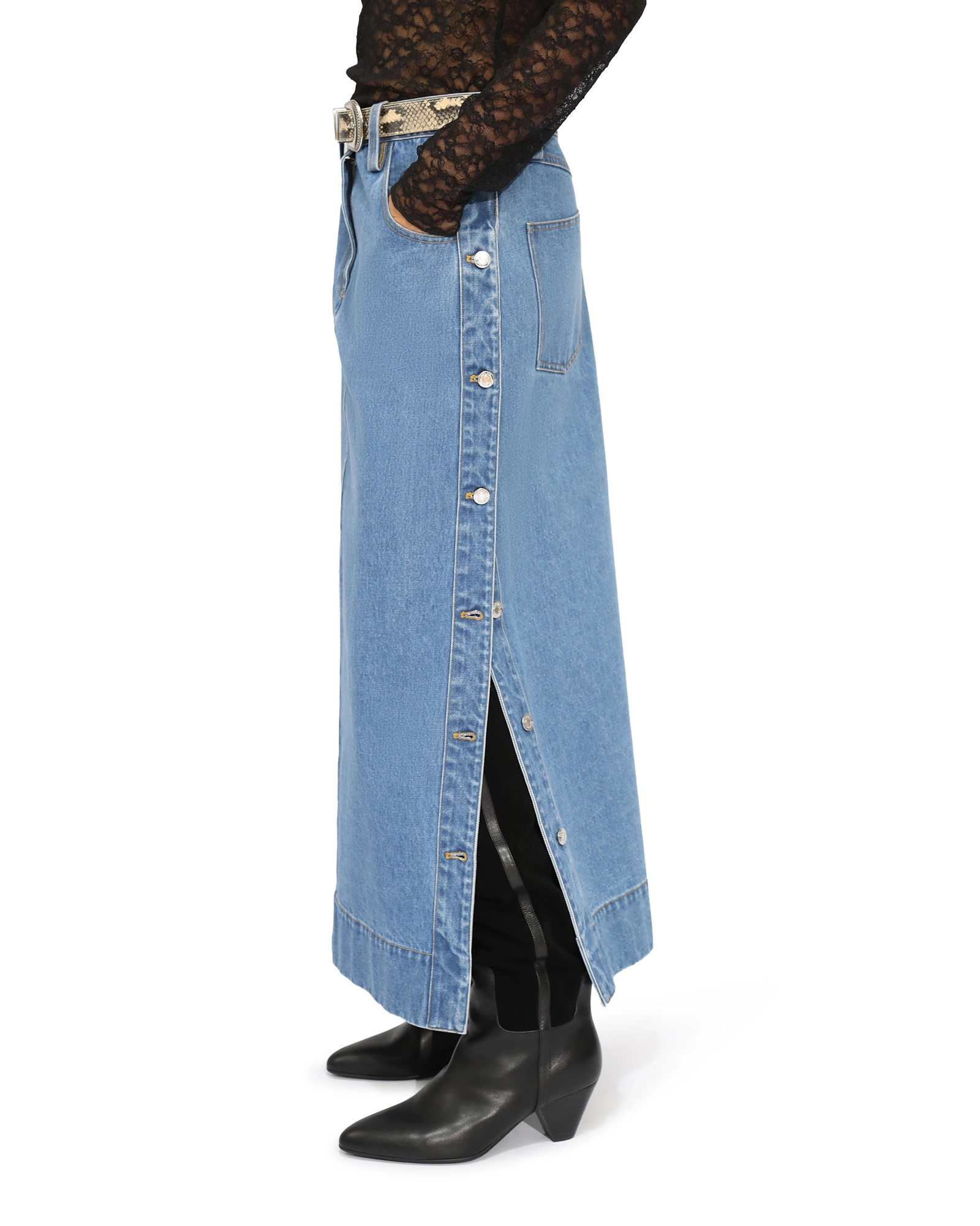 Belle & Bloom Edge Line Denim Maxi Skirt with Side Buttons