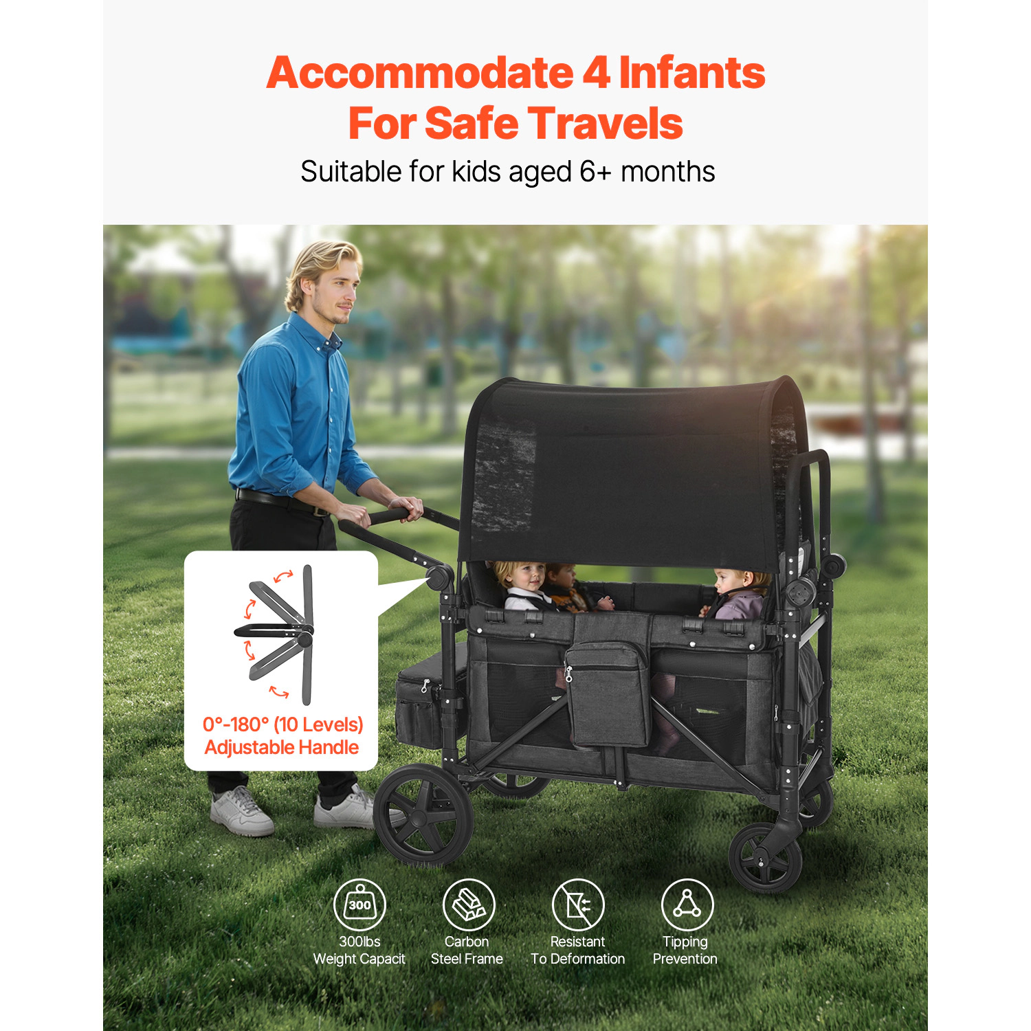 HONGGE 4-Seater Wagon Stroller for Kids, Foldable with 330 lb Capacity, Adjustable Handle, Dark Gray & Black
