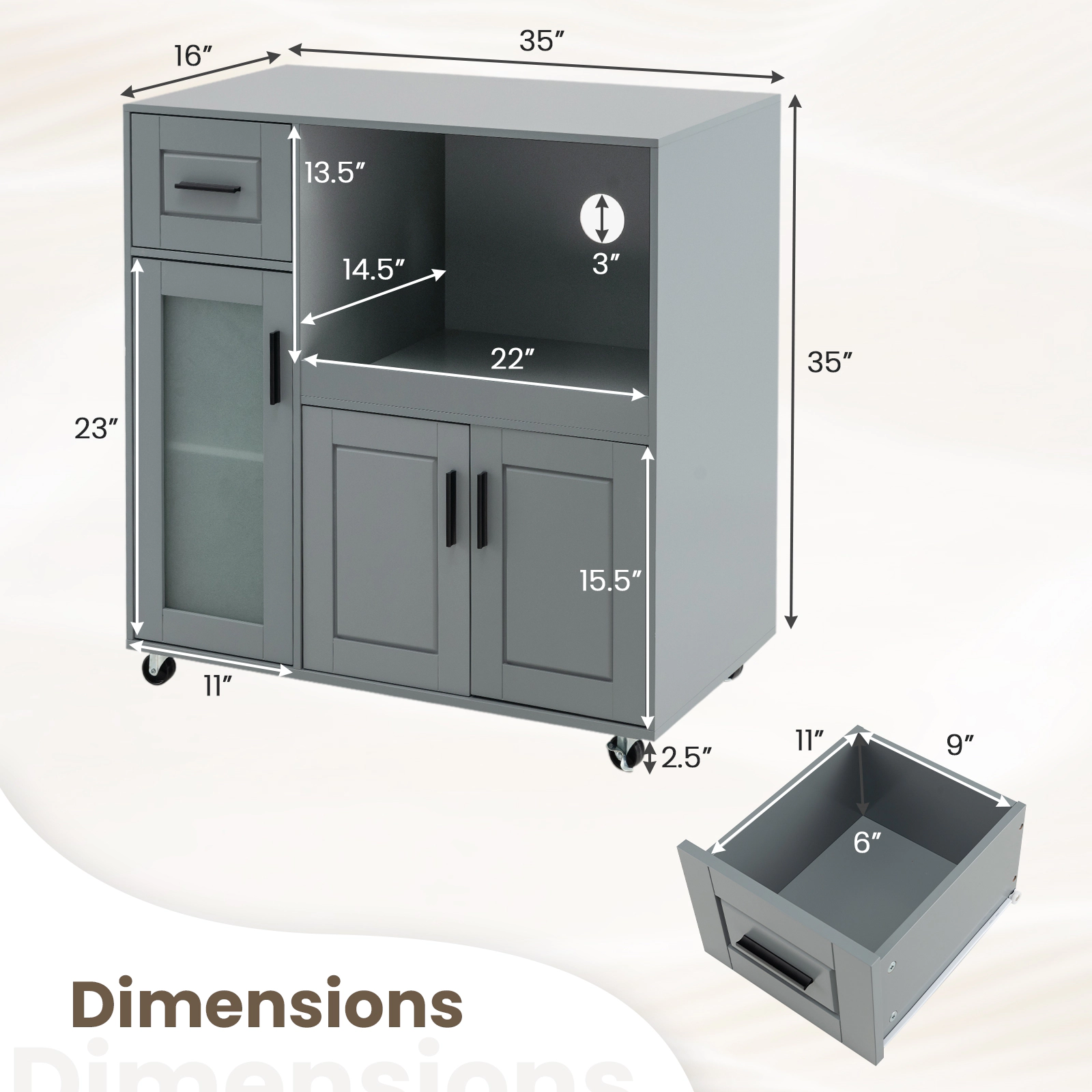 SUGIFT Rolling Kitchen Island Cart with Drawer Glass Door Cabinet and Adjustable Shelf 100-lb Tabletop Capacity Gray