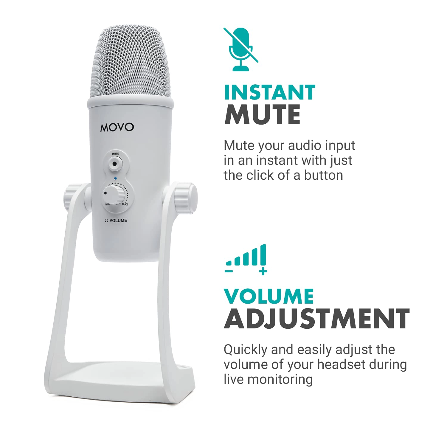 Movo UM700W White Desktop USB Microphone for Computer - Studio Mic with 4 Pickup Patterns - USB Gaming Microphone