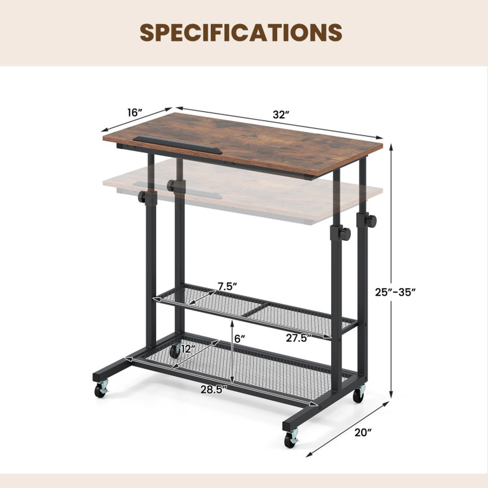 SUGIFT Rustic Brown Mobile Adjustable Standing Desk with Tilting Top and Mesh Shelves