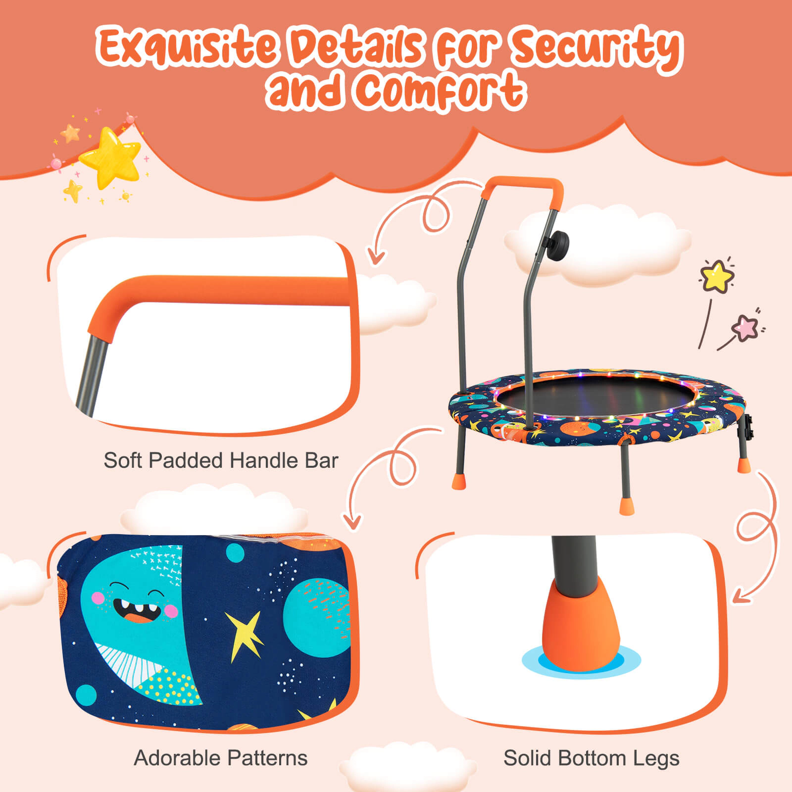 36-in Toddler Trampoline Bluetooth Speaker LED Lights Foam Handle Quiet Bungee Bounce Multicolor Ages 3+